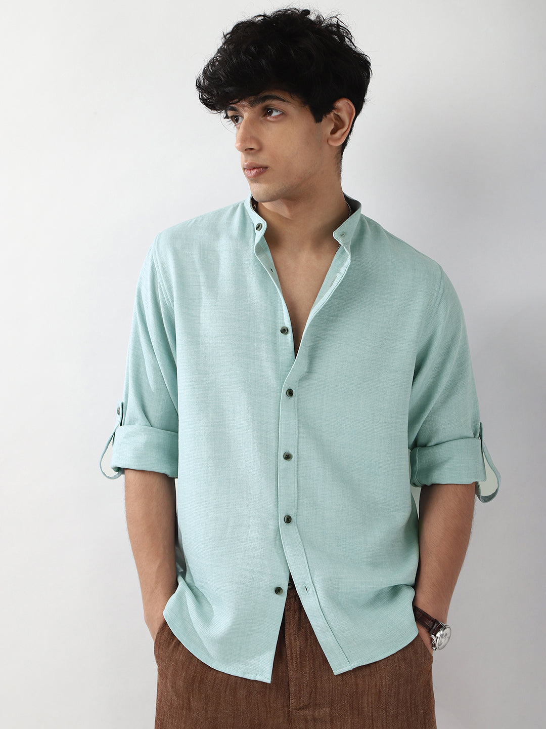 Men's Light Blue Linen Blend Full Sleeve Relaxed Fit Mandarin Collar Casual Solid Shirt