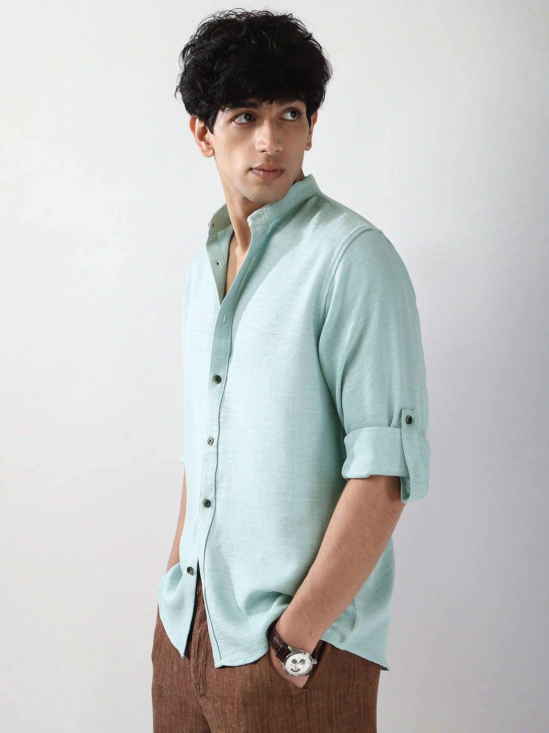 Men's Light Blue Linen Blend Full Sleeve Relaxed Fit Mandarin Collar Casual Solid Shirt
