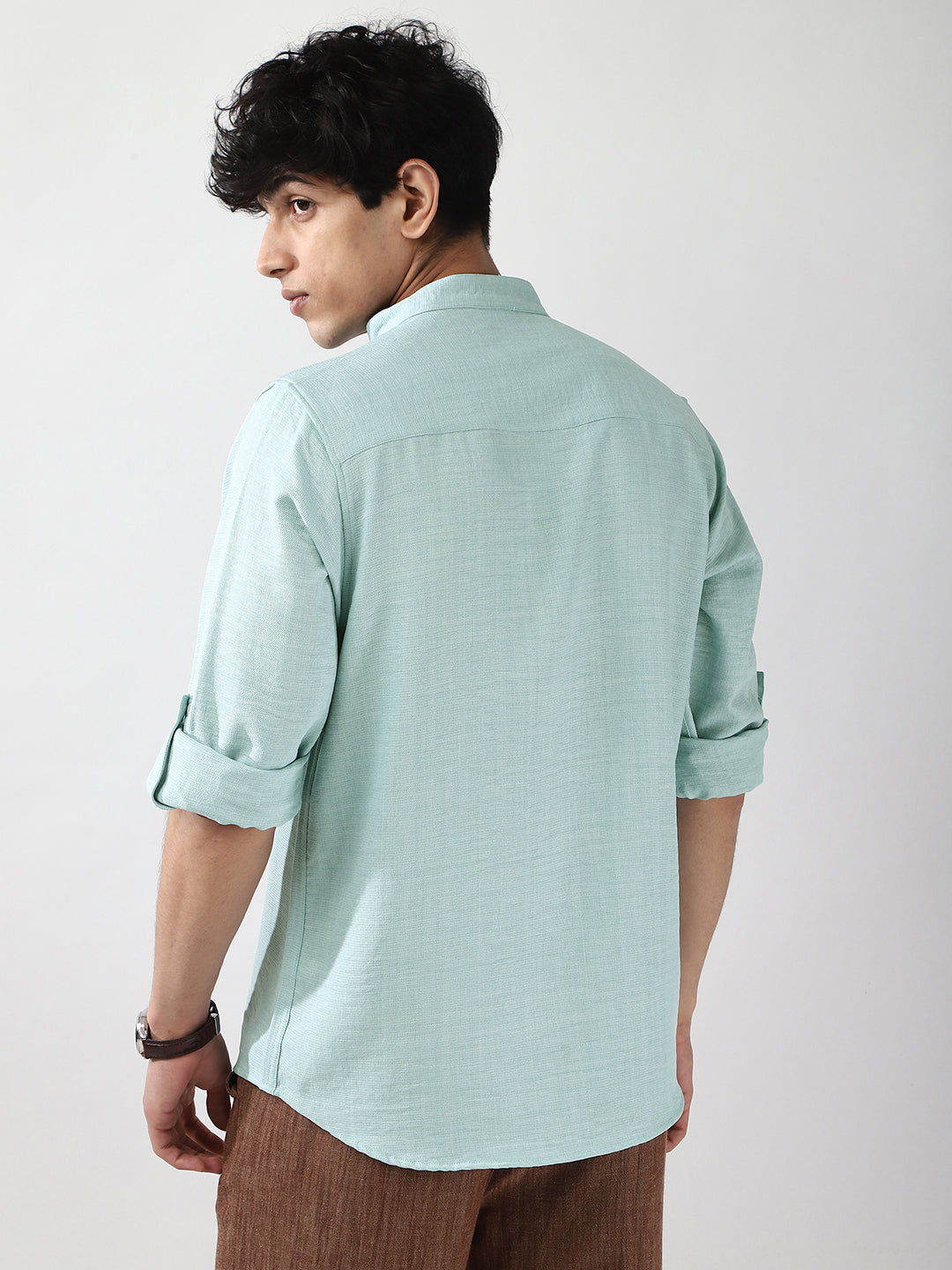 Men's Light Blue Linen Blend Full Sleeve Relaxed Fit Mandarin Collar Casual Solid Shirt