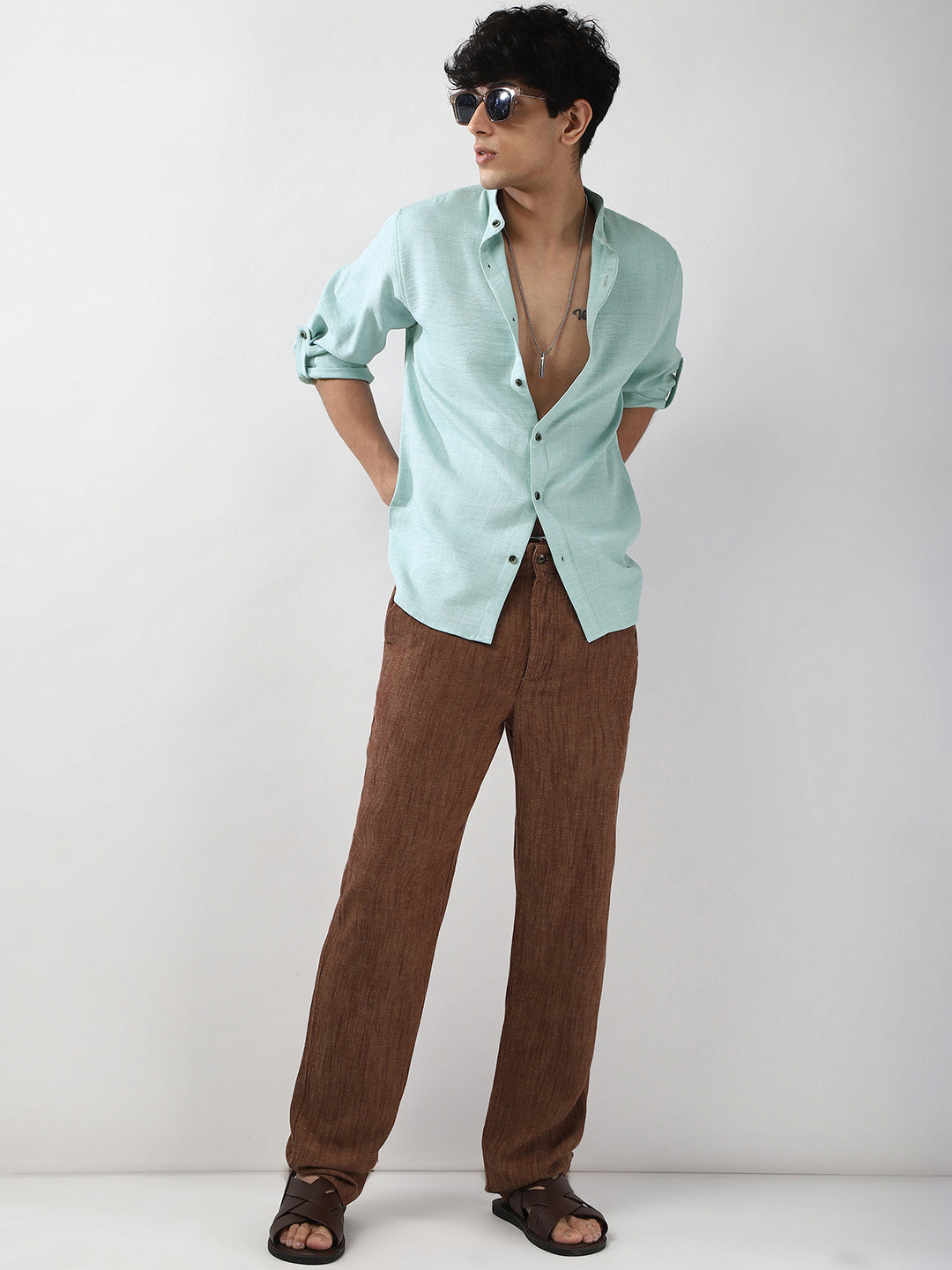 Men's Light Blue Linen Blend Full Sleeve Relaxed Fit Mandarin Collar Casual Solid Shirt