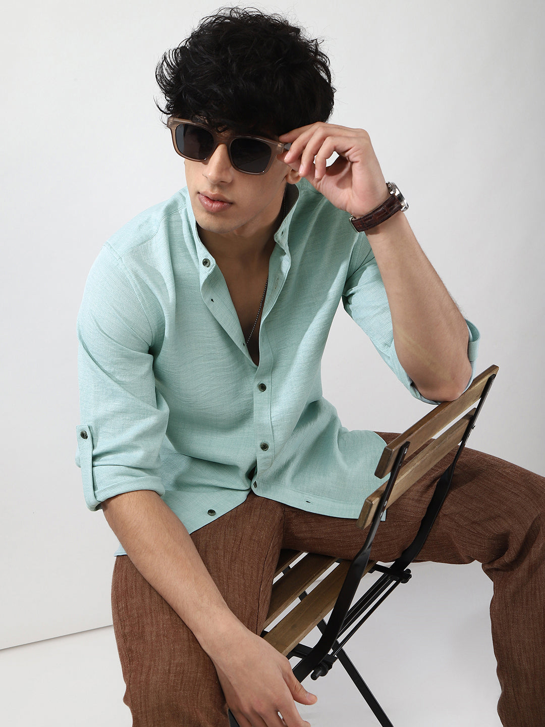 Men's Light Blue Linen Blend Full Sleeve Relaxed Fit Mandarin Collar Casual Solid Shirt
