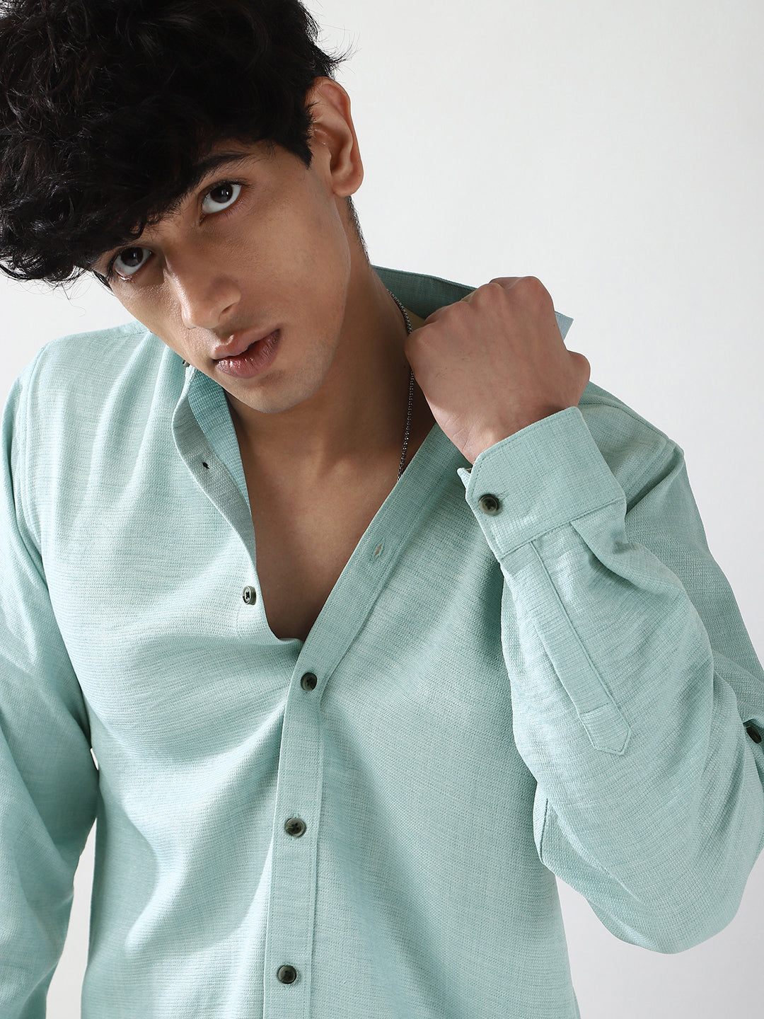 Men's Light Blue Linen Blend Full Sleeve Relaxed Fit Mandarin Collar Casual Solid Shirt