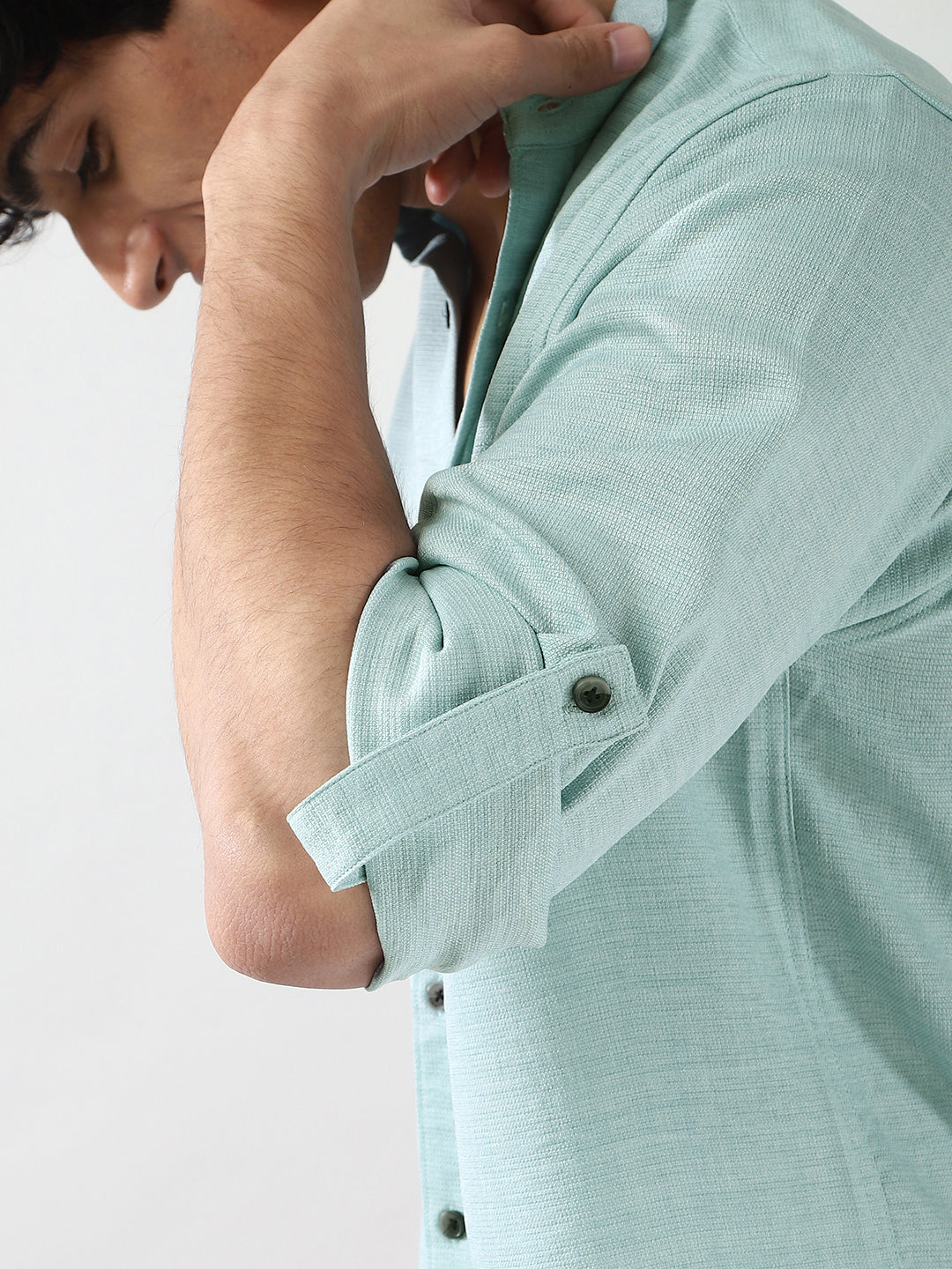 Men's Light Blue Linen Blend Full Sleeve Relaxed Fit Mandarin Collar Casual Solid Shirt