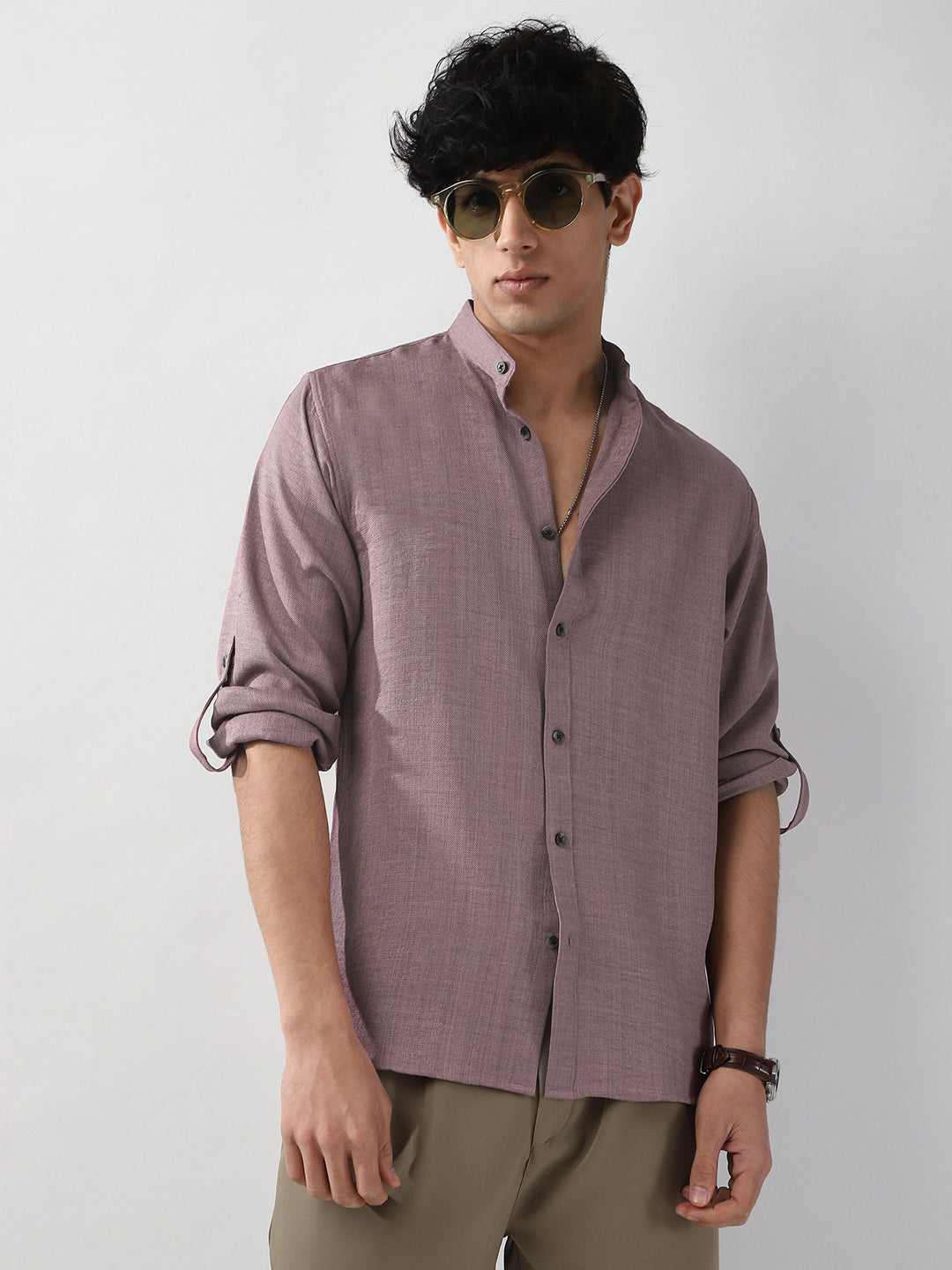 Men's Purple Linen Blend Full Sleeve Relaxed Fit Mandarin Collar Casual Solid Shirt