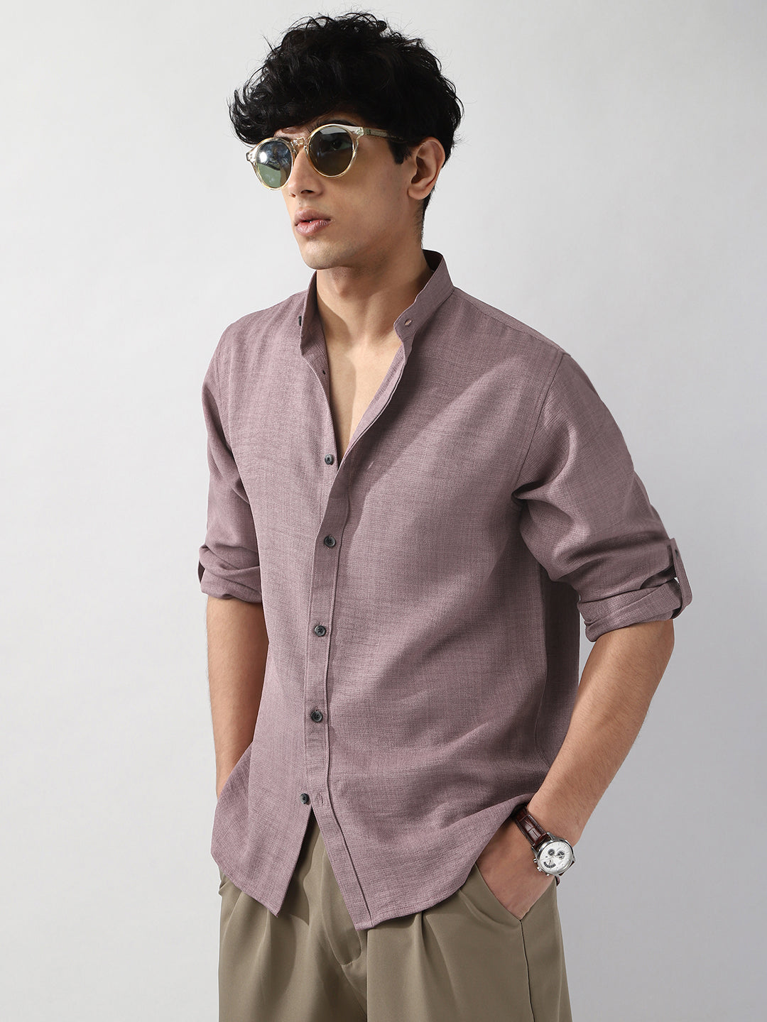 Men's Purple Linen Blend Full Sleeve Relaxed Fit Mandarin Collar Casual Solid Shirt