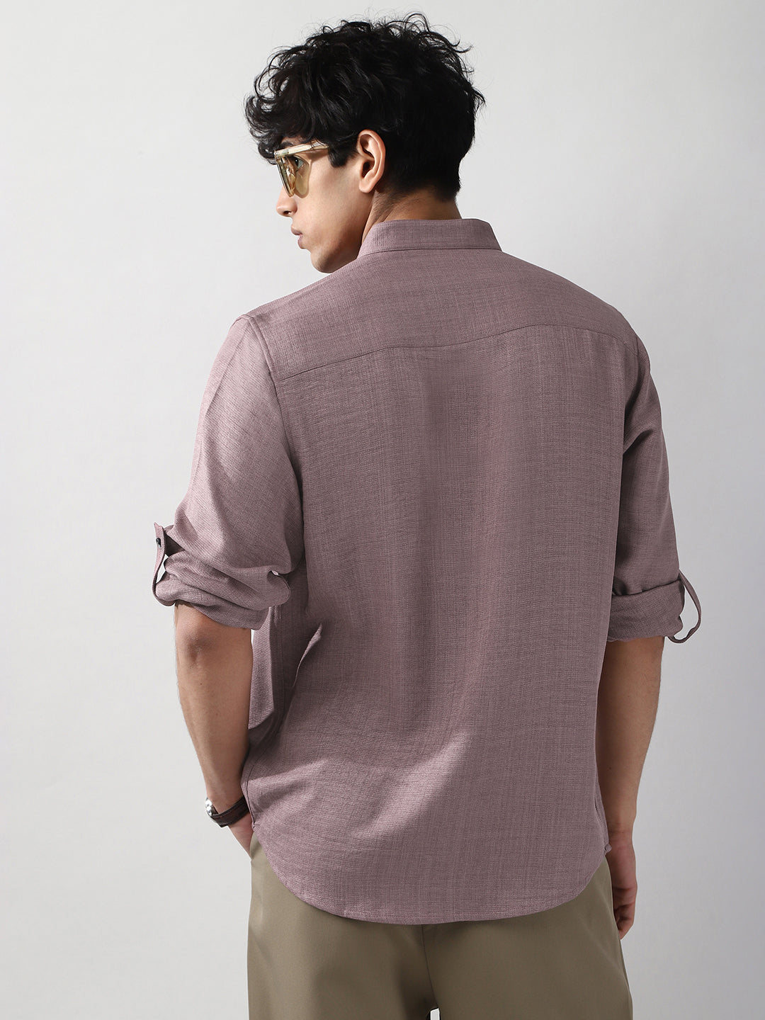 Men's Purple Linen Blend Full Sleeve Relaxed Fit Mandarin Collar Casual Solid Shirt
