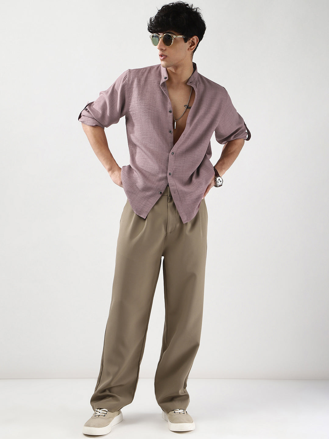 Men's Purple Linen Blend Full Sleeve Relaxed Fit Mandarin Collar Casual Solid Shirt