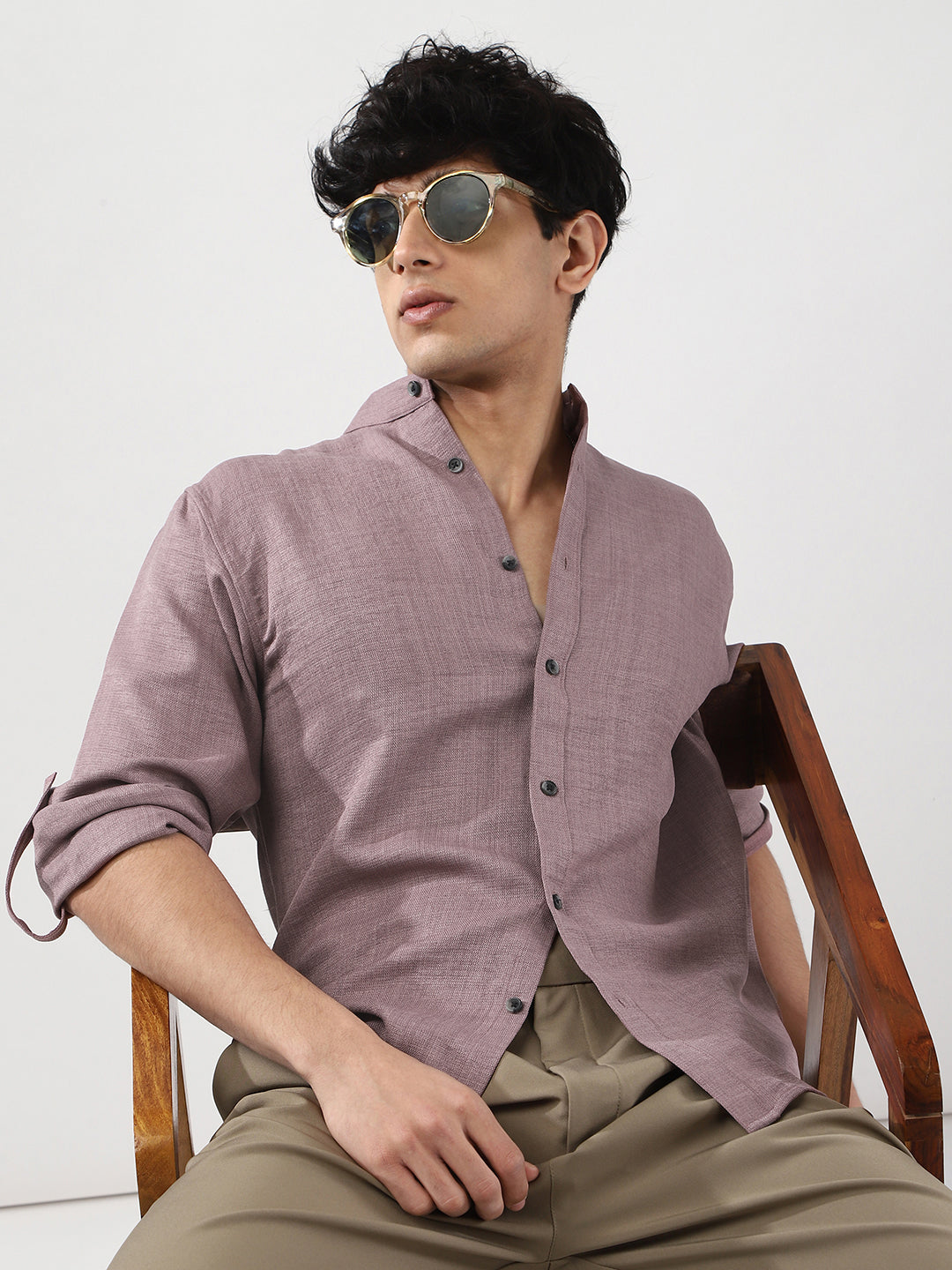 Men's Purple Linen Blend Full Sleeve Relaxed Fit Mandarin Collar Casual Solid Shirt