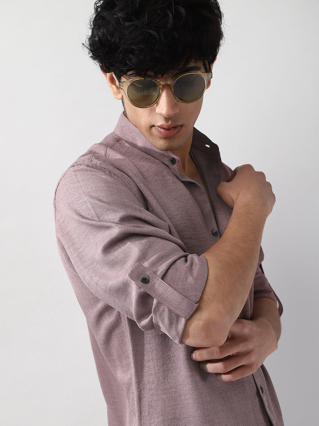 Men's Purple Linen Blend Full Sleeve Relaxed Fit Mandarin Collar Casual Solid Shirt
