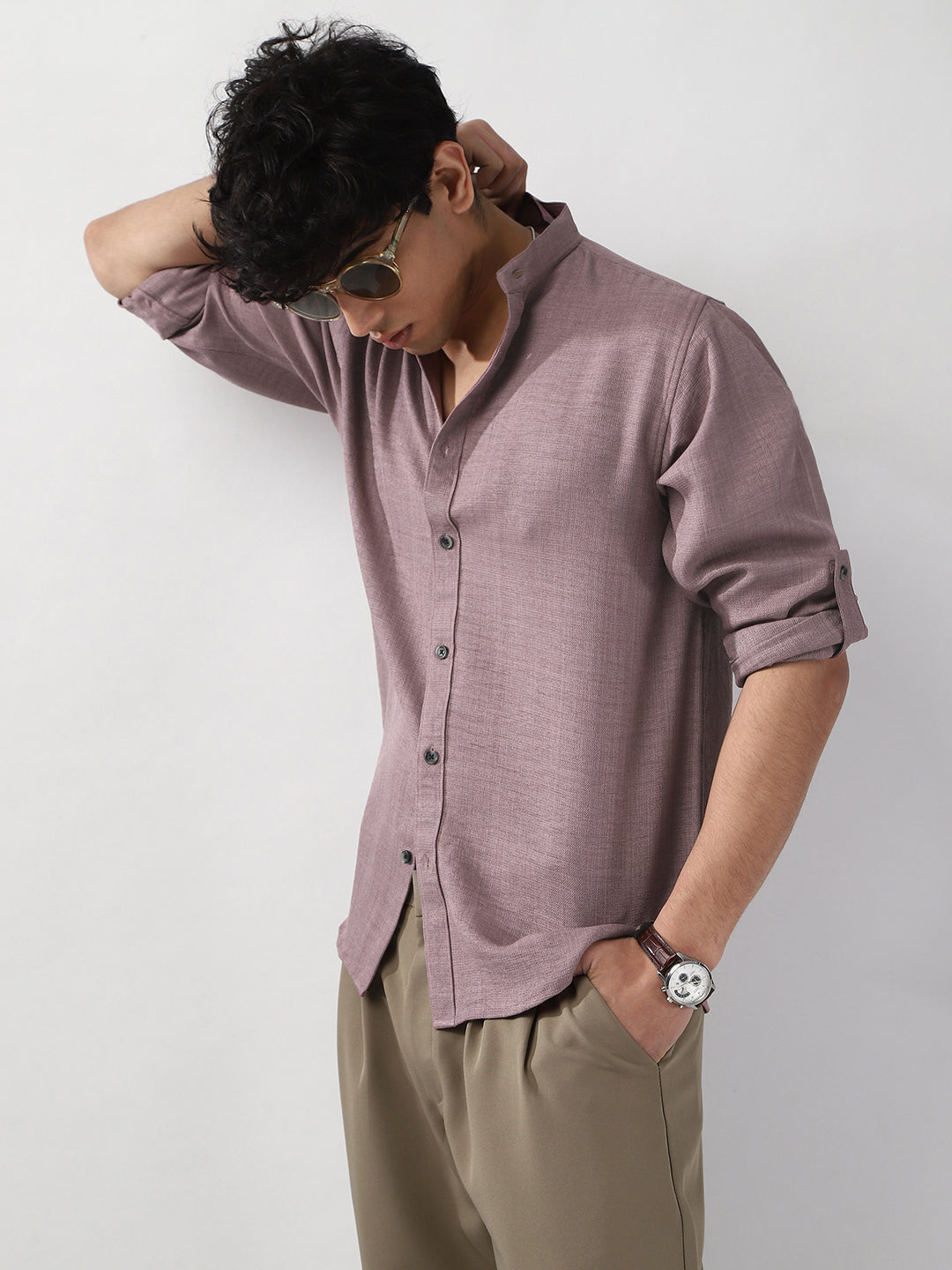 Men's Purple Linen Blend Full Sleeve Relaxed Fit Mandarin Collar Casual Solid Shirt