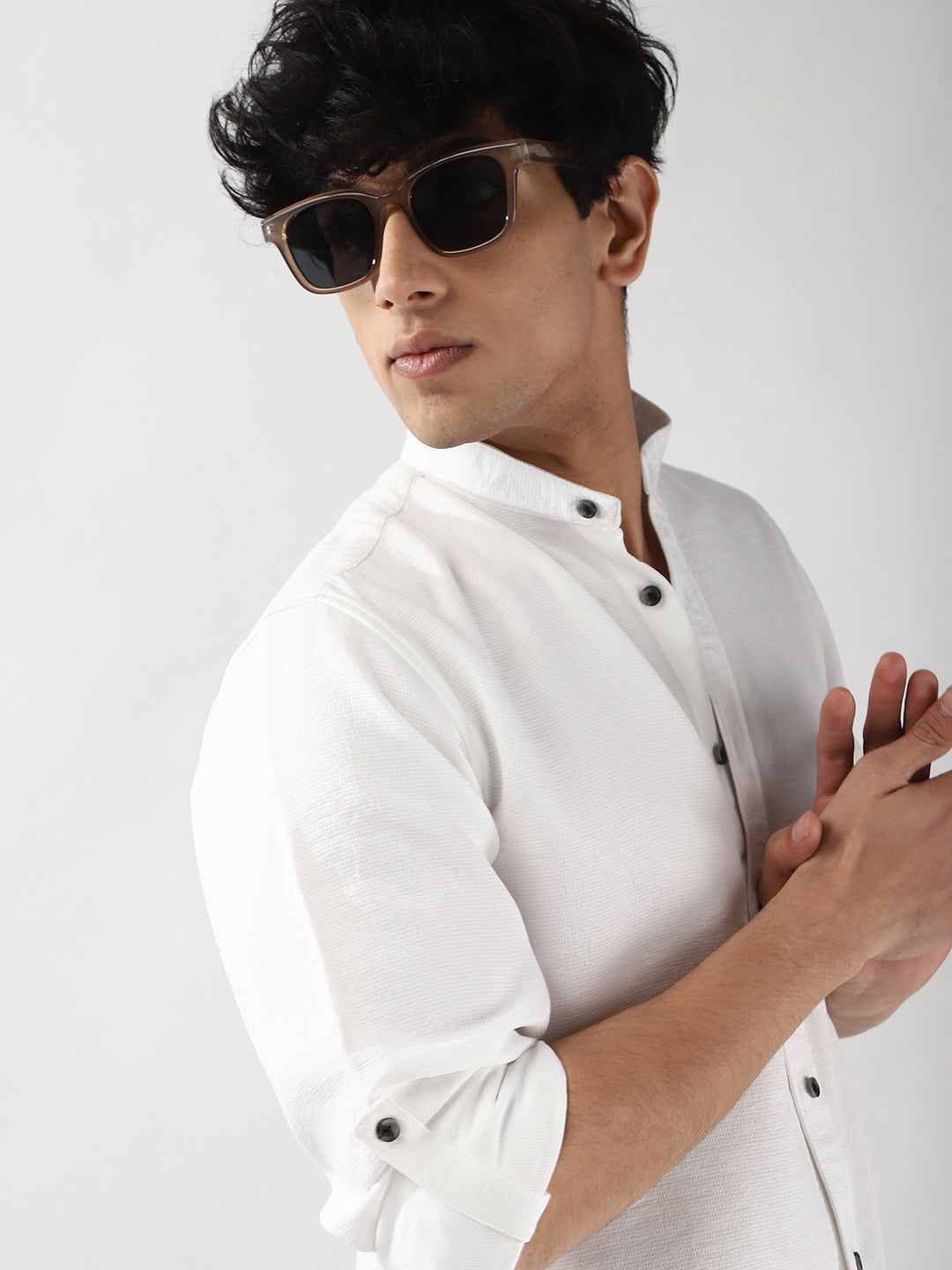 Men's White Linen Blend Full Sleeve Relaxed Fit Mandarin Collar Casual Solid Shirt