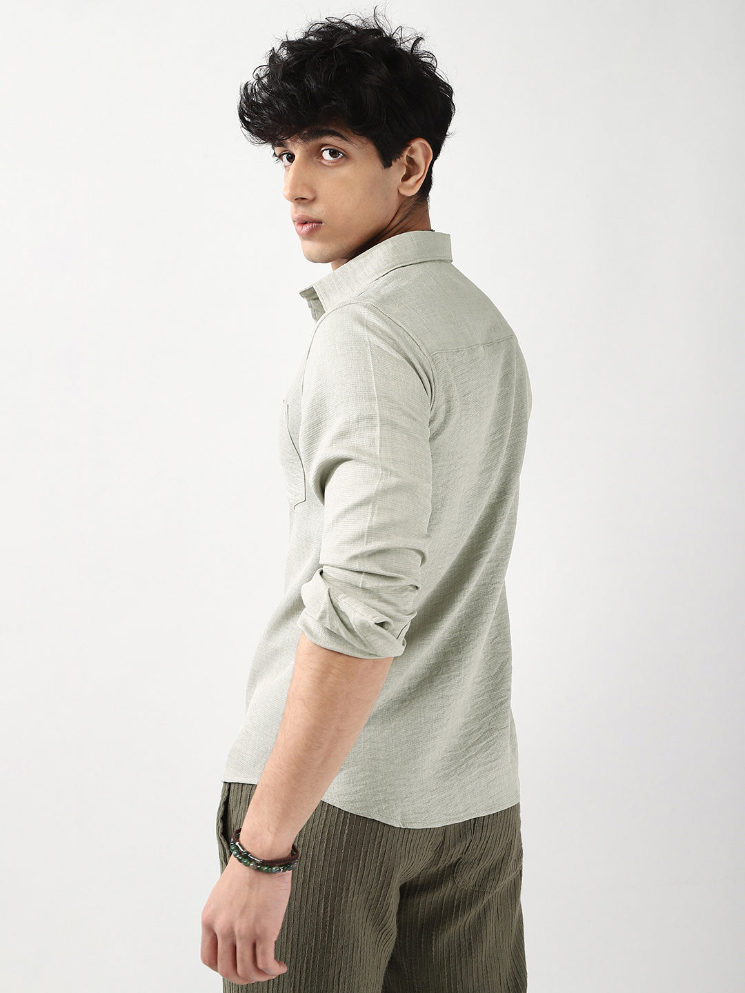 Men's Beige Linen Blend Full Sleeve Relaxed Fit Casual Solid Shirt