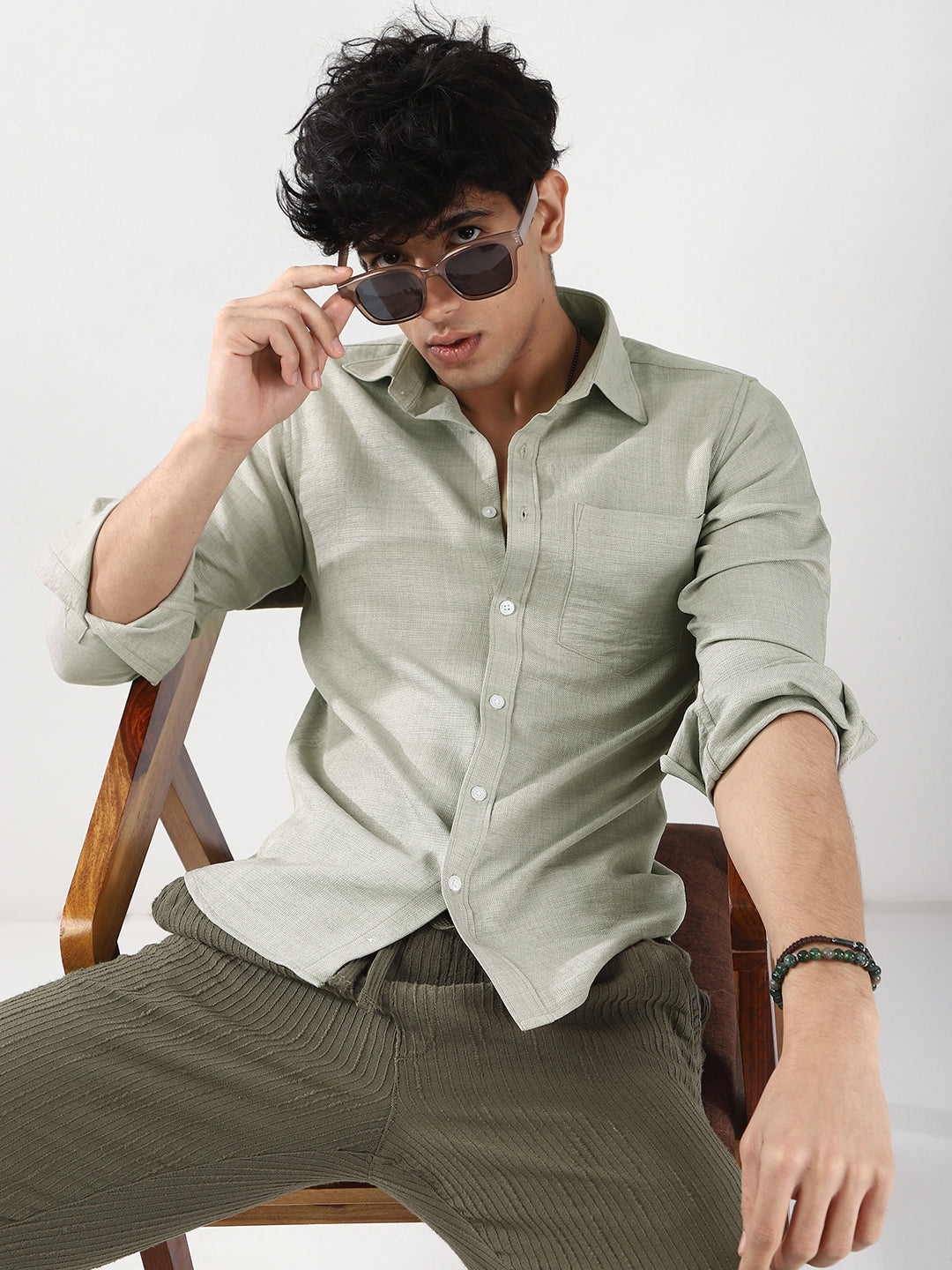 Men's Beige Linen Blend Full Sleeve Relaxed Fit Casual Solid Shirt