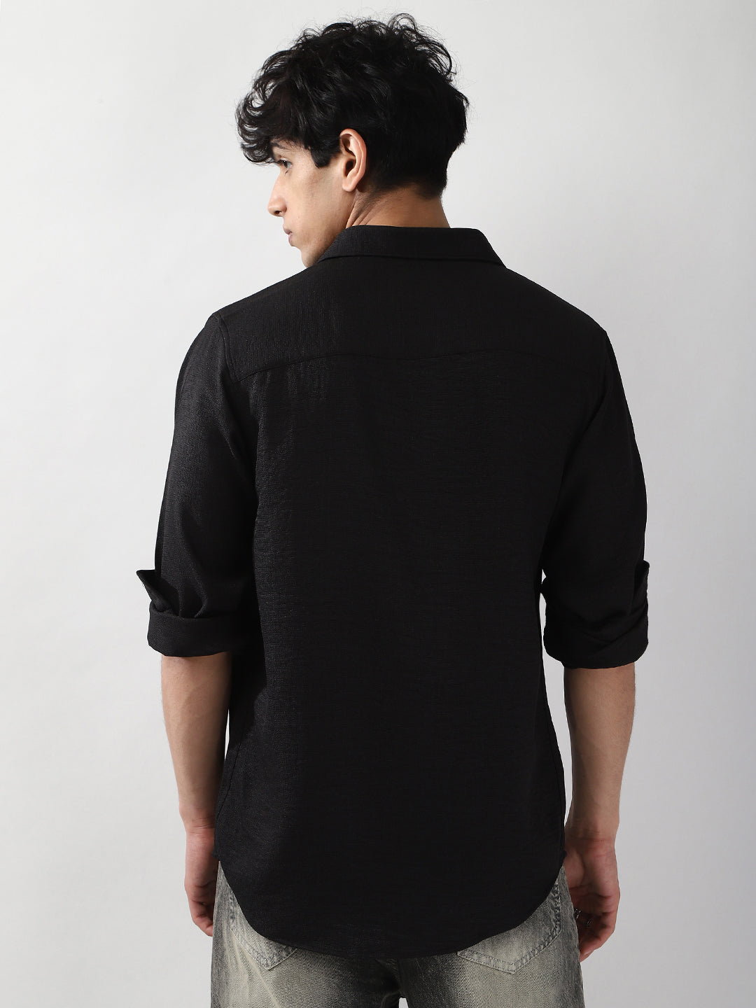 Men's Black Linen Blend Full Sleeve Relaxed Fit Casual Solid Shirt