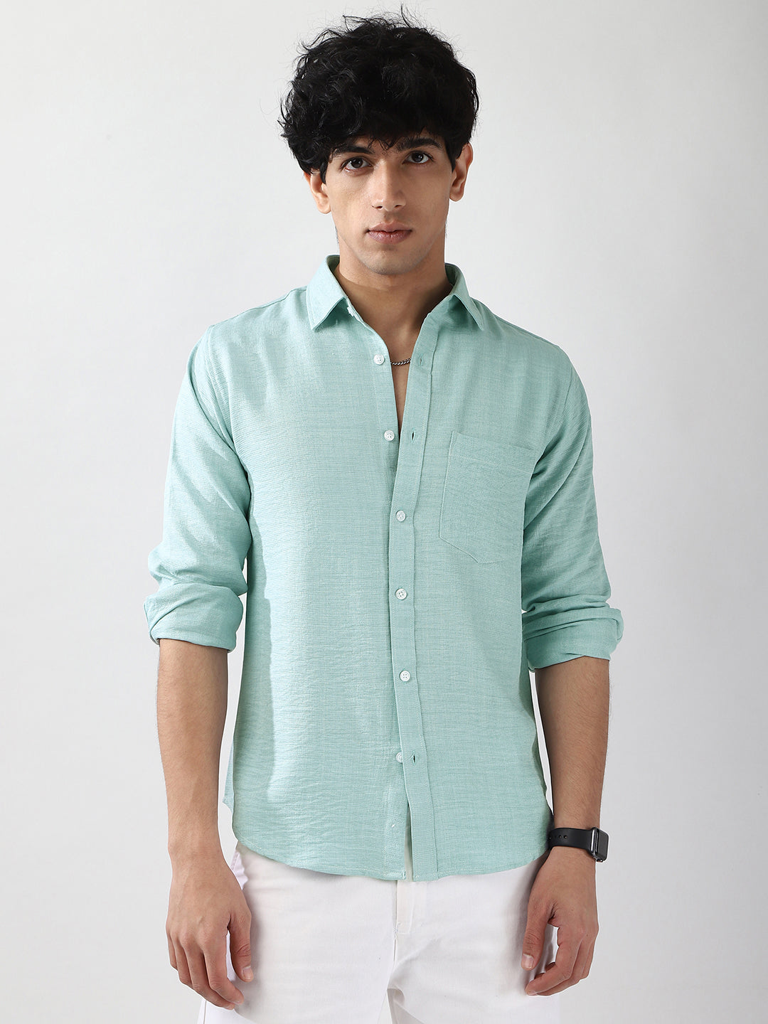 Men's Light Blue Linen Blend Full Sleeve Relaxed Fit Casual Solid Shirt