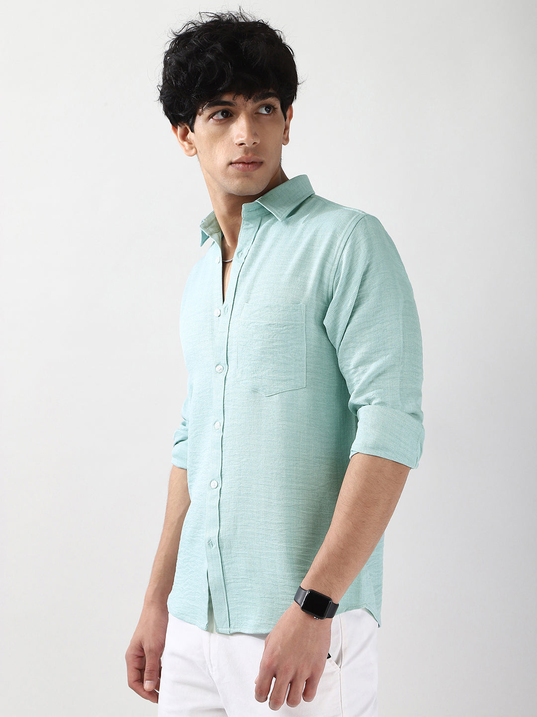 Men's Light Blue Linen Blend Full Sleeve Relaxed Fit Casual Solid Shirt