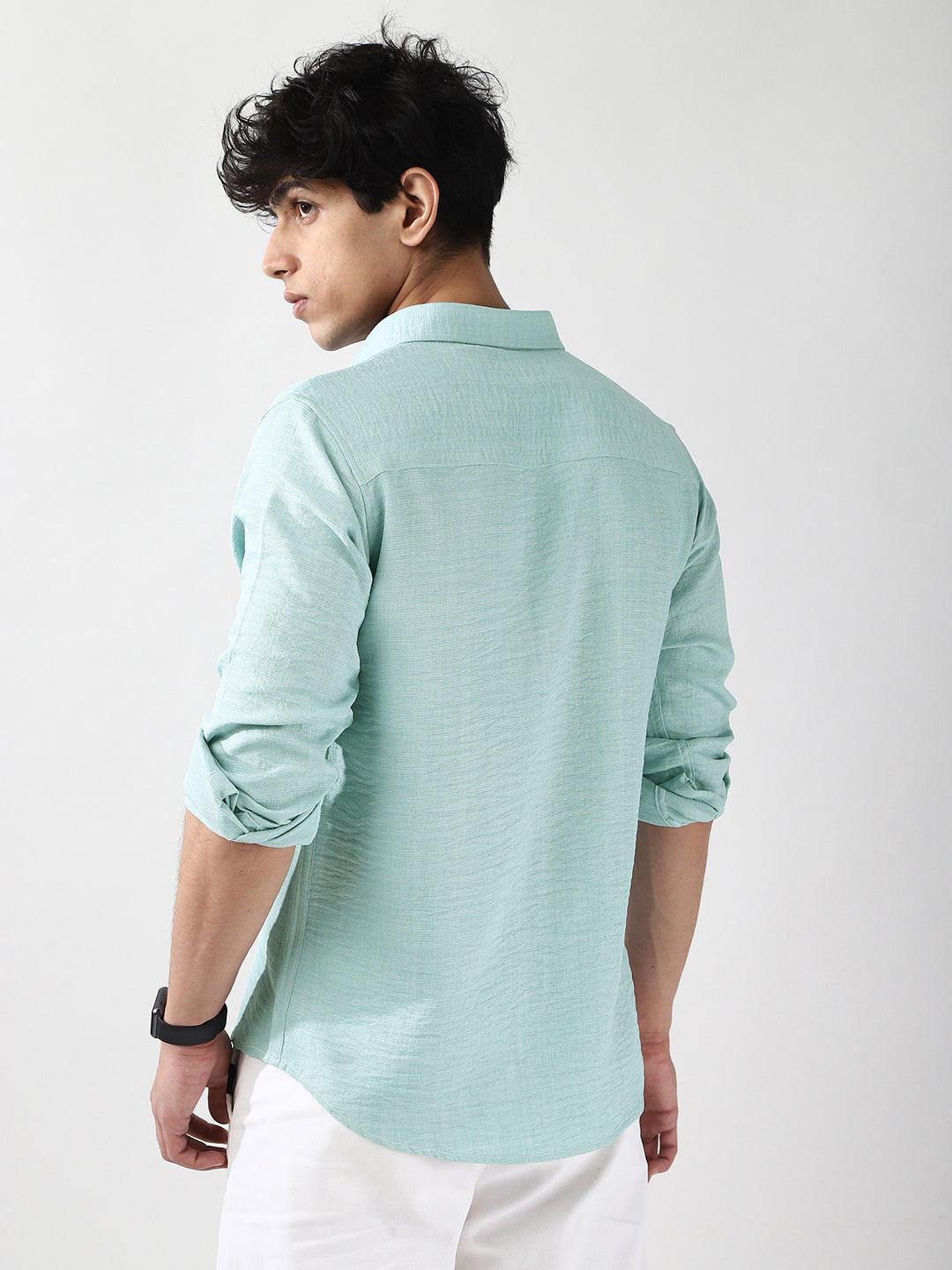 Men's Light Blue Linen Blend Full Sleeve Relaxed Fit Casual Solid Shirt