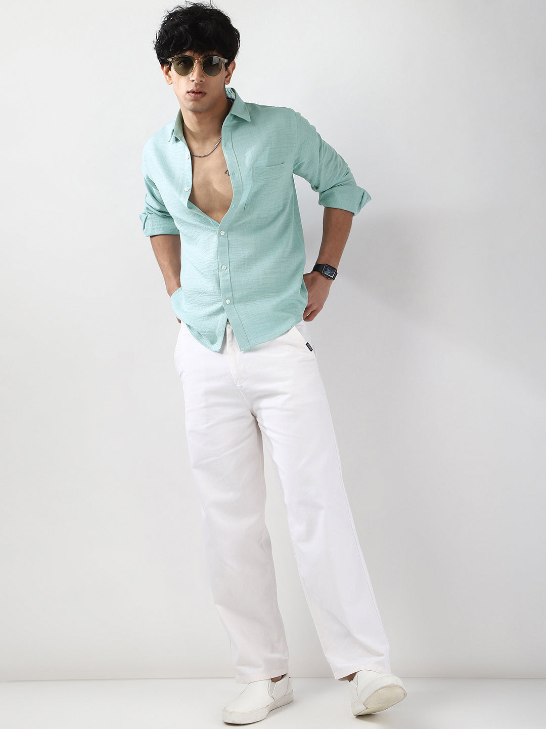 Men's Light Blue Linen Blend Full Sleeve Relaxed Fit Casual Solid Shirt