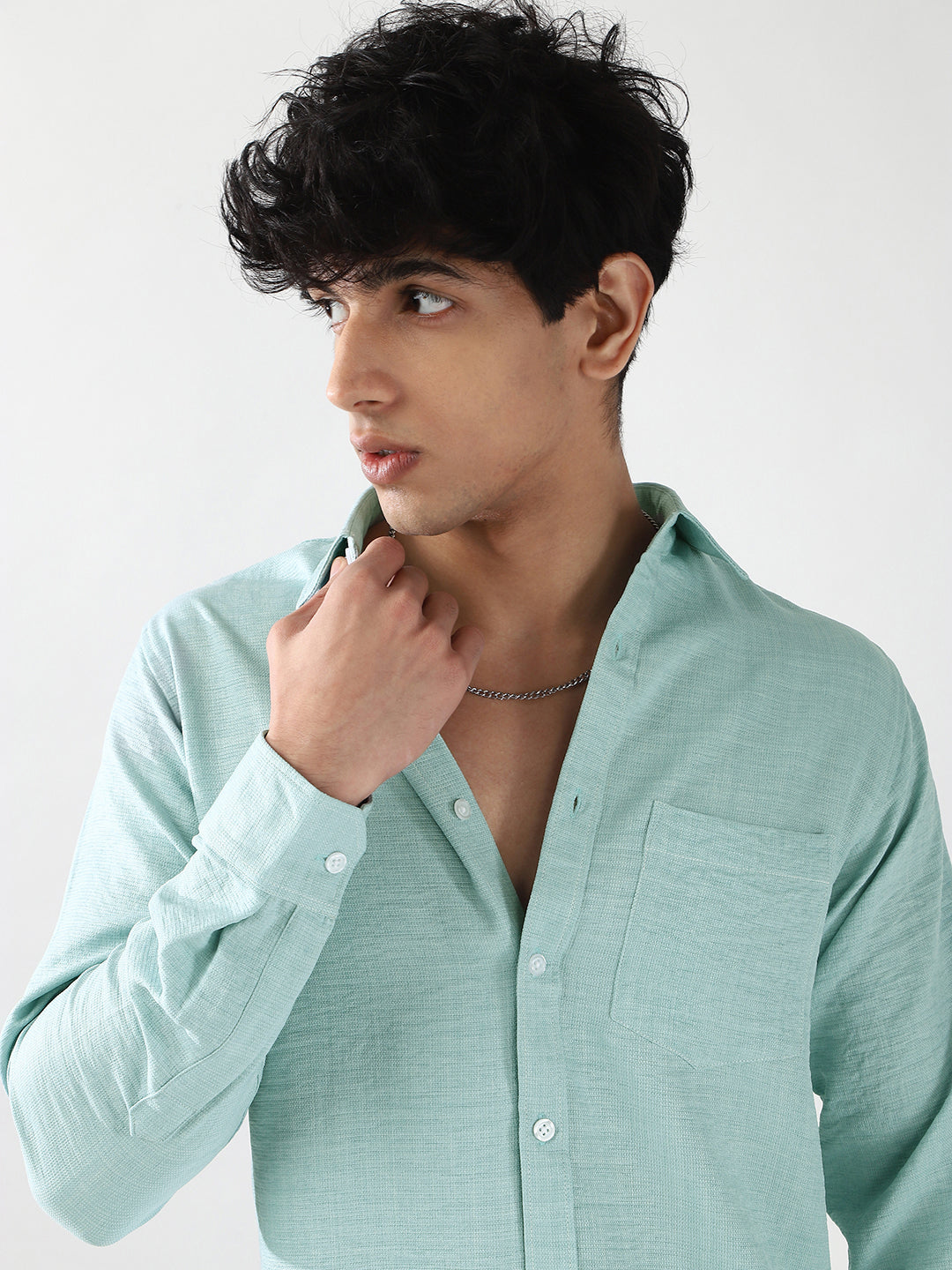 Men's Light Blue Linen Blend Full Sleeve Relaxed Fit Casual Solid Shirt