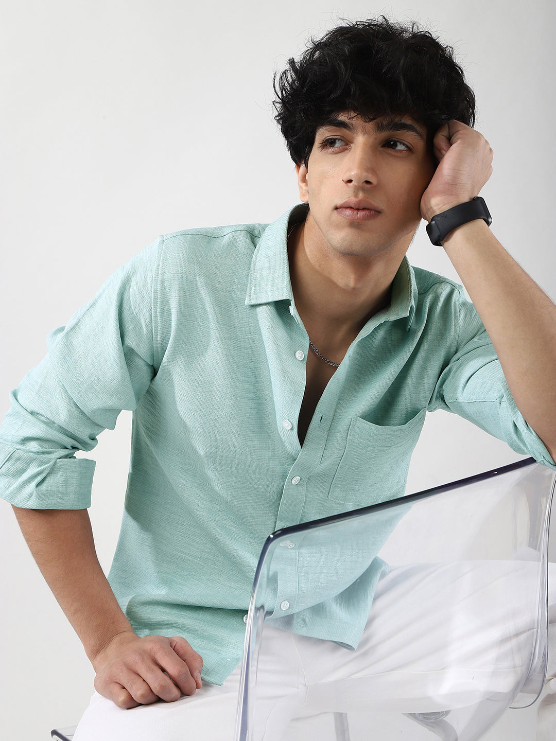 Men's Light Blue Linen Blend Full Sleeve Relaxed Fit Casual Solid Shirt