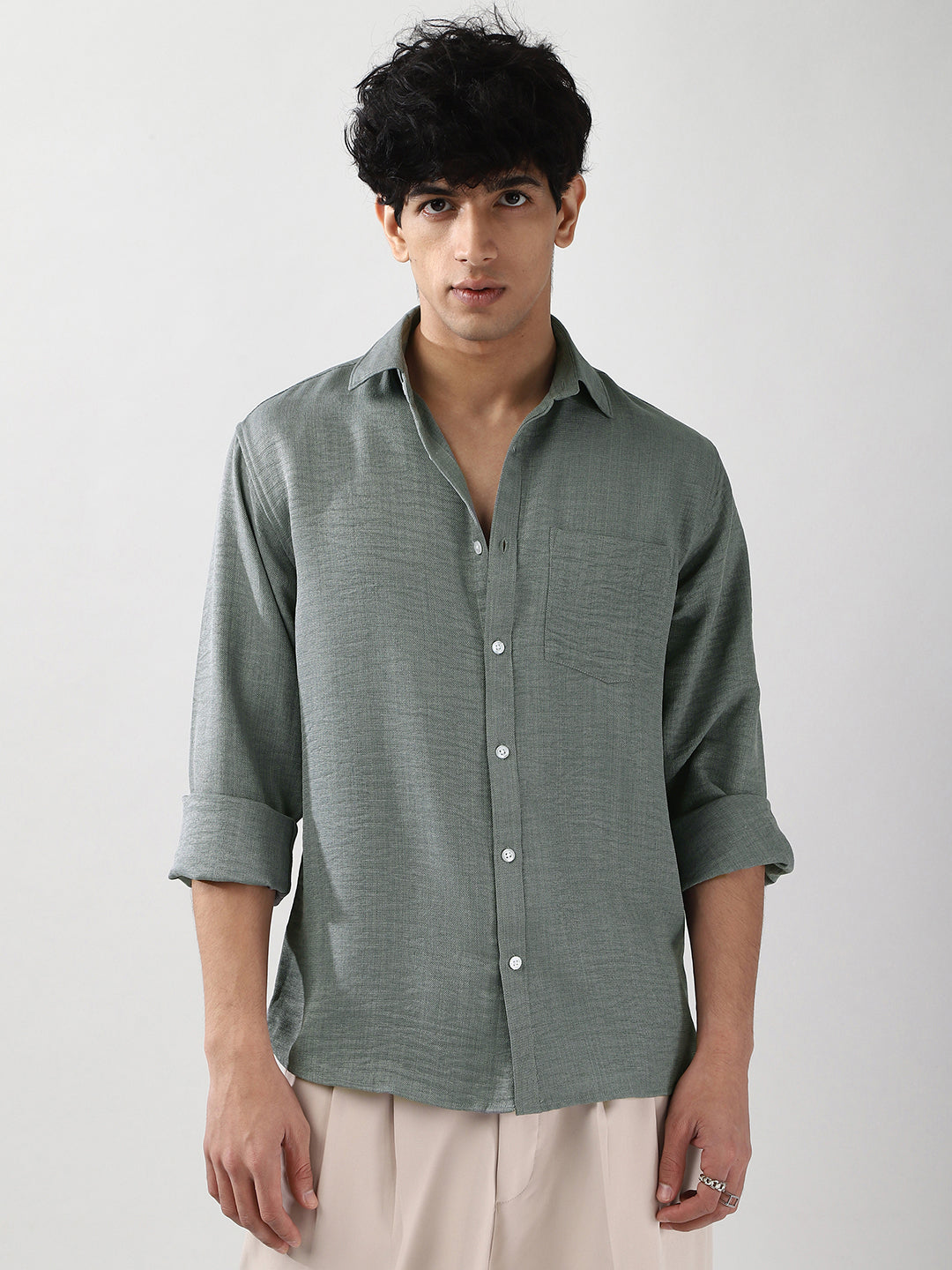 Men's Metallic Blue Linen Blend Full Sleeve Relaxed Fit Casual Solid Shirt