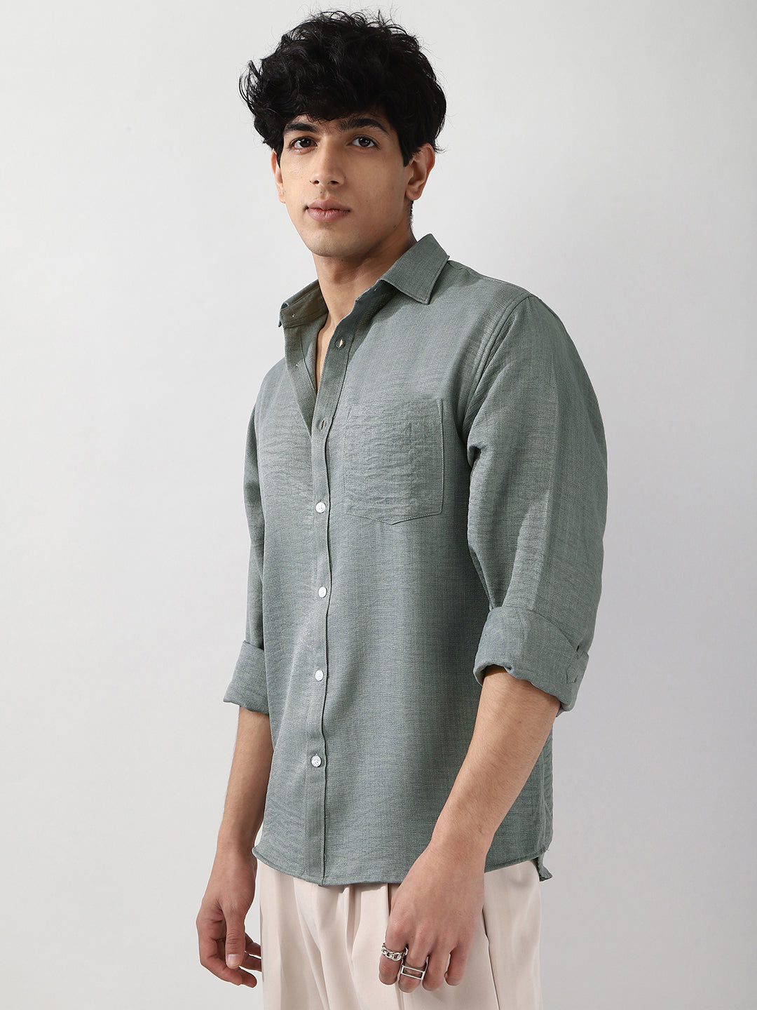 Men's Metallic Blue Linen Blend Full Sleeve Relaxed Fit Casual Solid Shirt