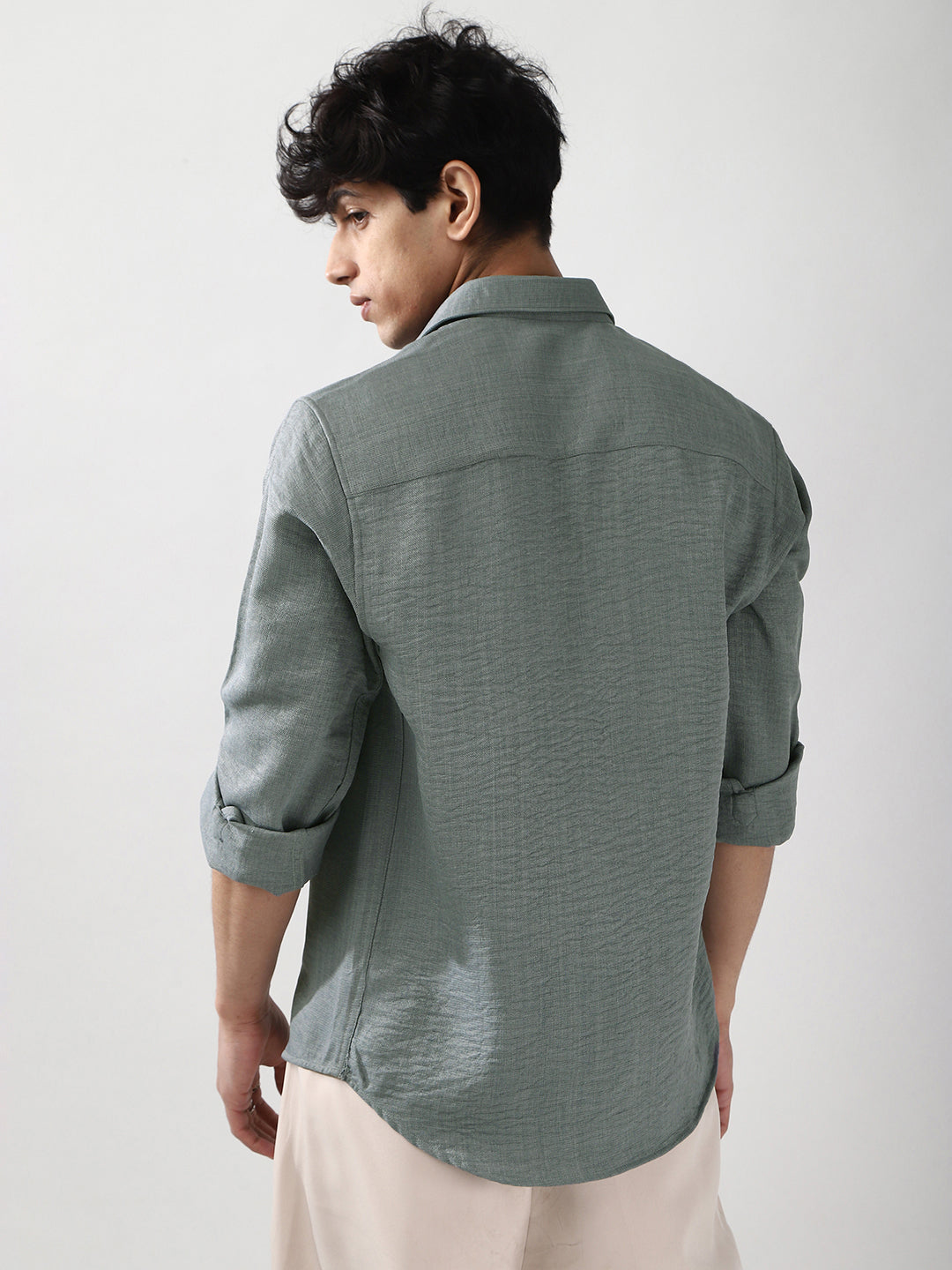 Men's Metallic Blue Linen Blend Full Sleeve Relaxed Fit Casual Solid Shirt