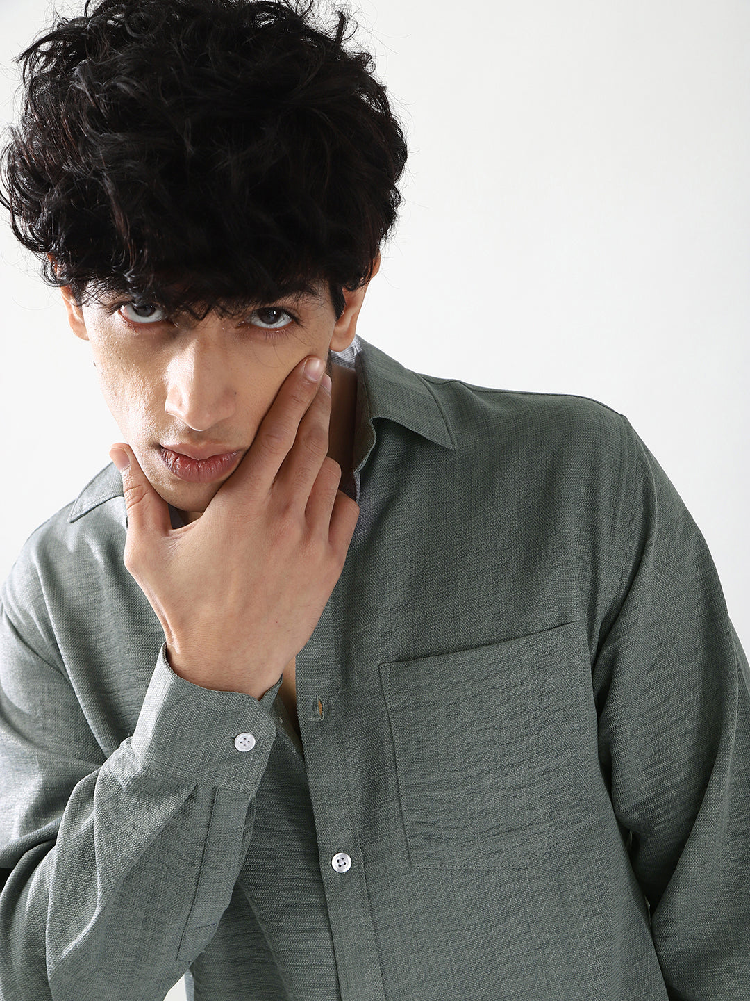 Men's Metallic Blue Linen Blend Full Sleeve Relaxed Fit Casual Solid Shirt