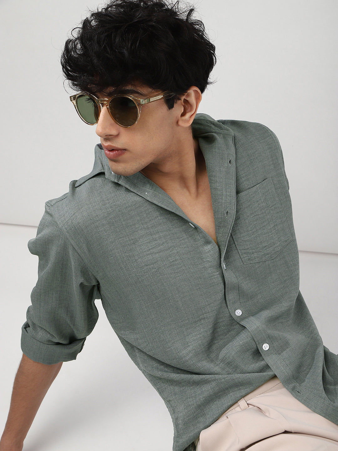 Men's Metallic Blue Linen Blend Full Sleeve Relaxed Fit Casual Solid Shirt