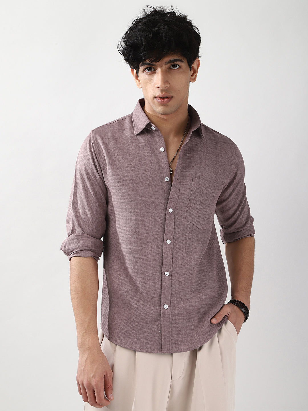 Men's Purple Linen Blend Full Sleeve Relaxed Fit Casual Solid Shirt