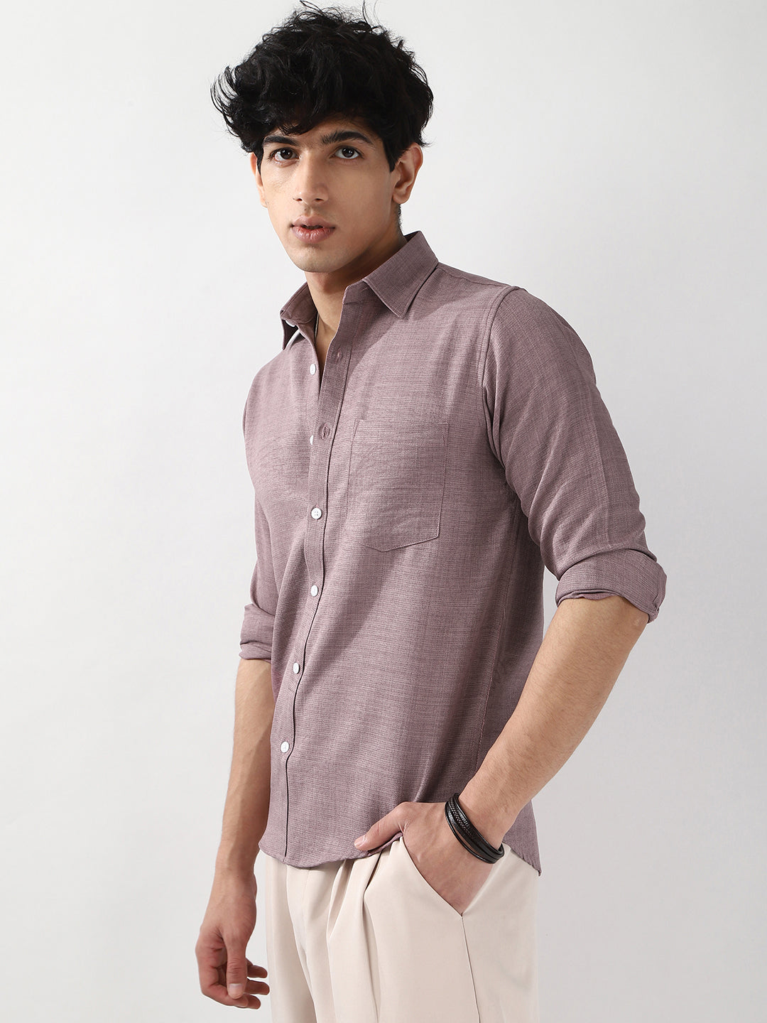 Men's Purple Linen Blend Full Sleeve Relaxed Fit Casual Solid Shirt