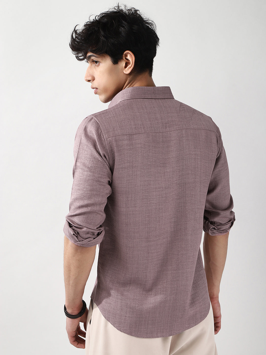 Men's Purple Linen Blend Full Sleeve Relaxed Fit Casual Solid Shirt