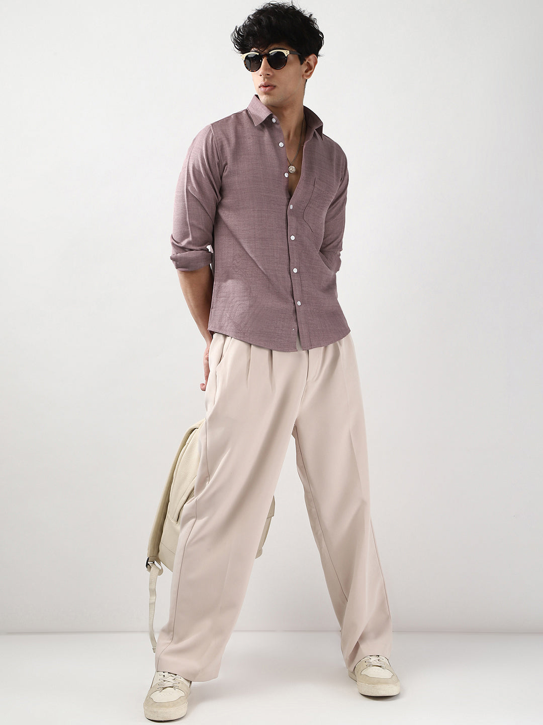 Men's Purple Linen Blend Full Sleeve Relaxed Fit Casual Solid Shirt