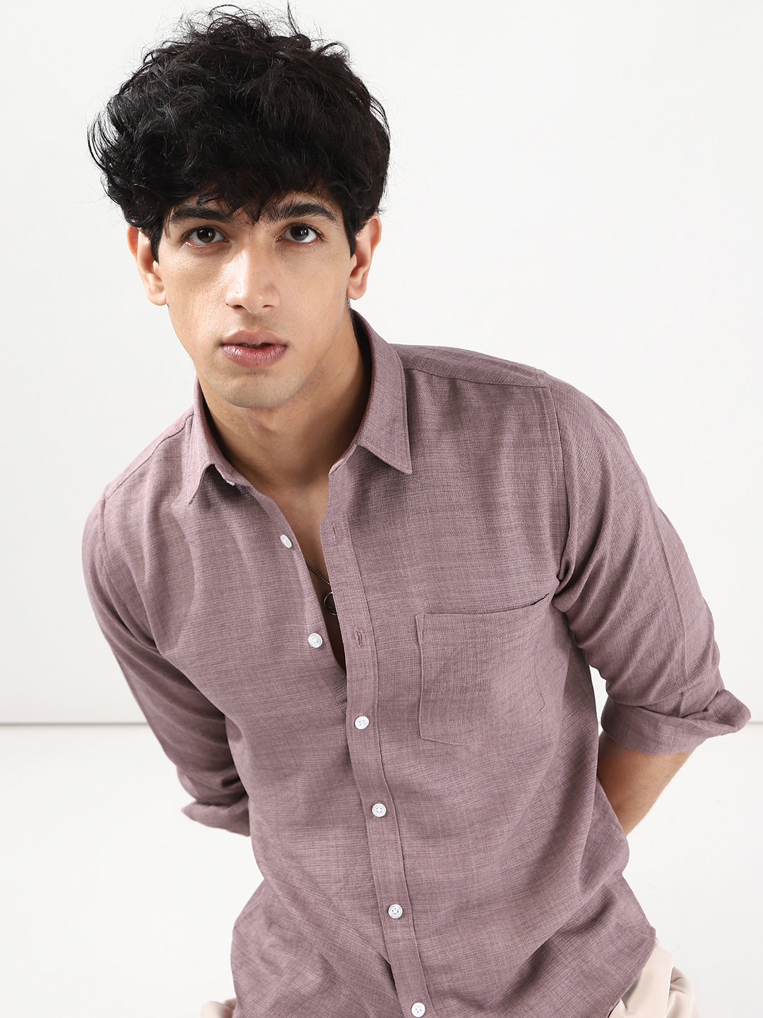 Men's Purple Linen Blend Full Sleeve Relaxed Fit Casual Solid Shirt