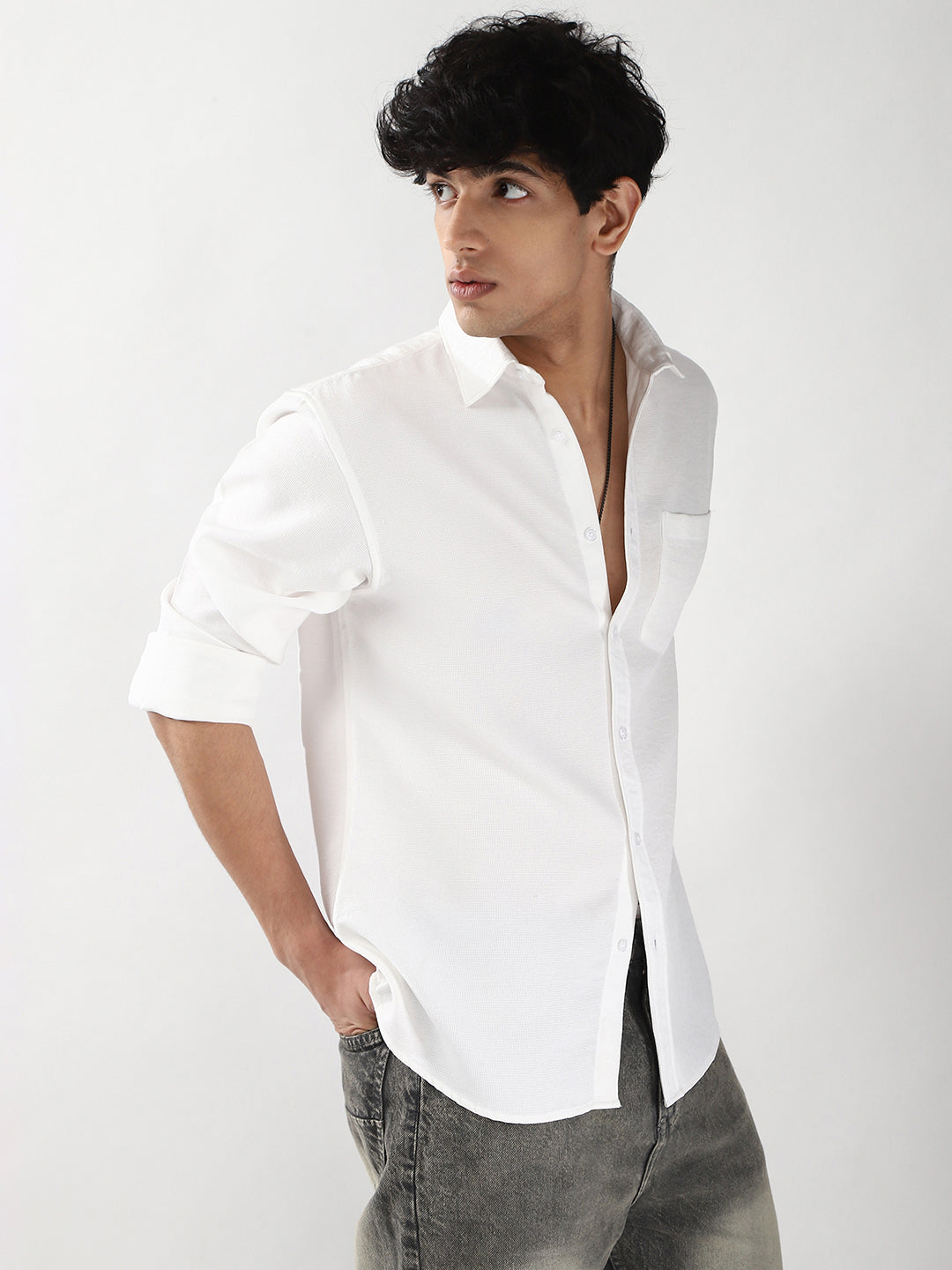 Men's White Linen Blend Full Sleeve Relaxed Fit Casual Solid Shirt