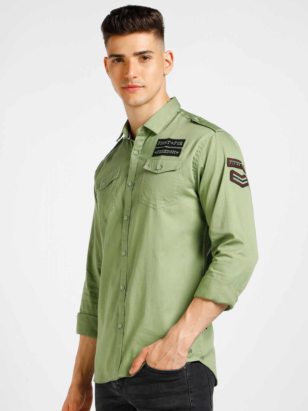 Men's Green Cotton Full Sleeve Slim Fit Casual Solid Shirt