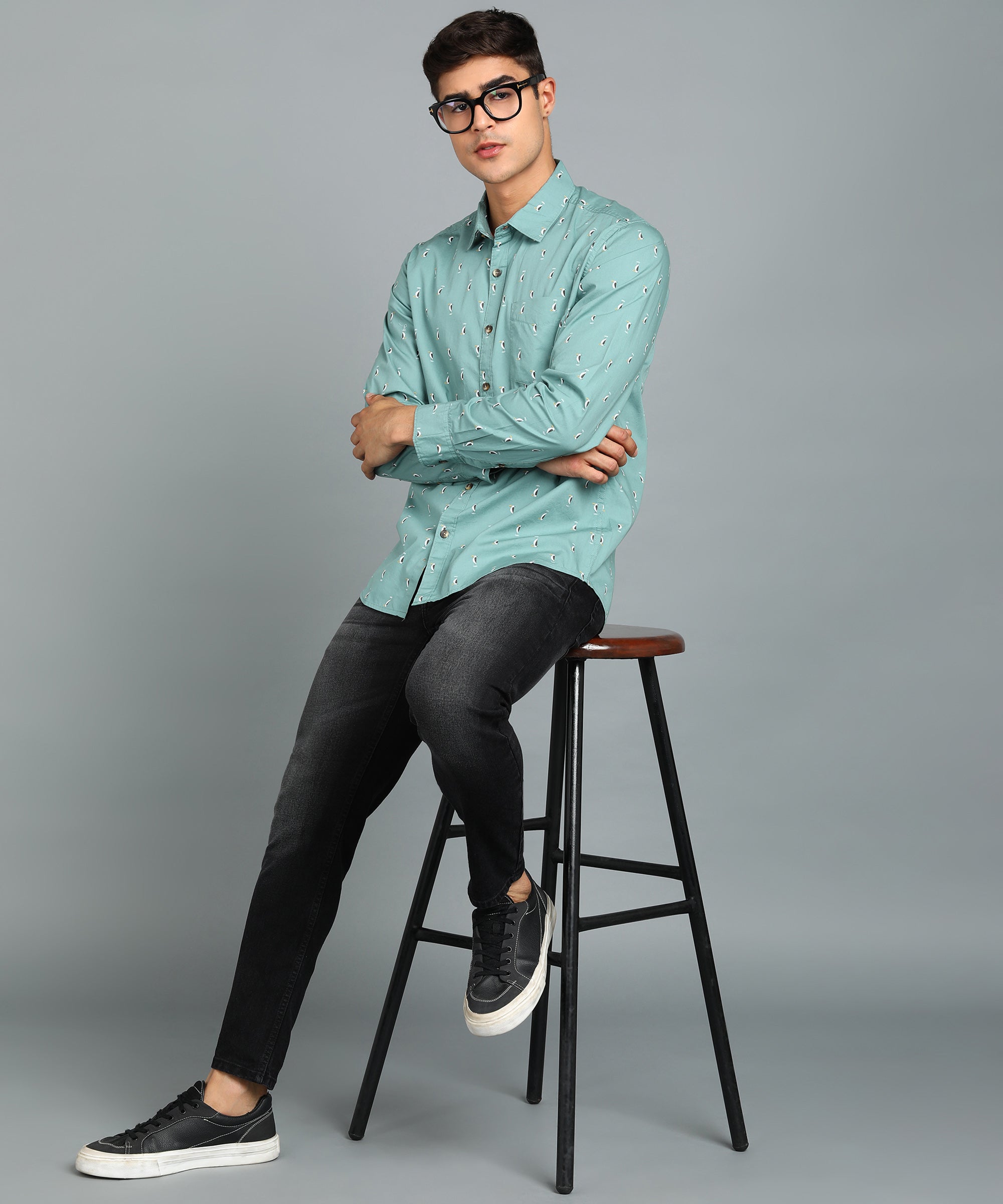 Men's Green Cotton Full Sleeve Slim Fit Casual Printed Shirt