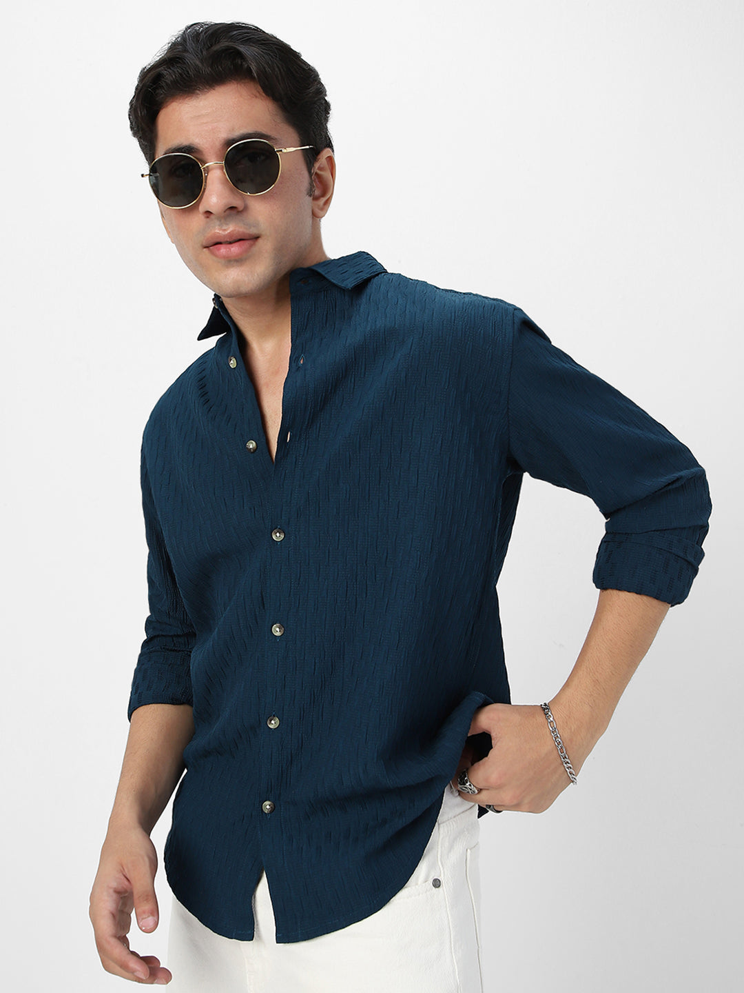 Men's Blue Cotton Full Sleeve Regular Fit Textured Shirt with Spread Collar
