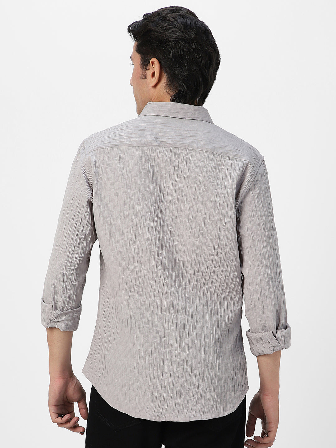 Men's Ice Grey Cotton Full Sleeve Regular Fit Textured Shirt with Spread Collar