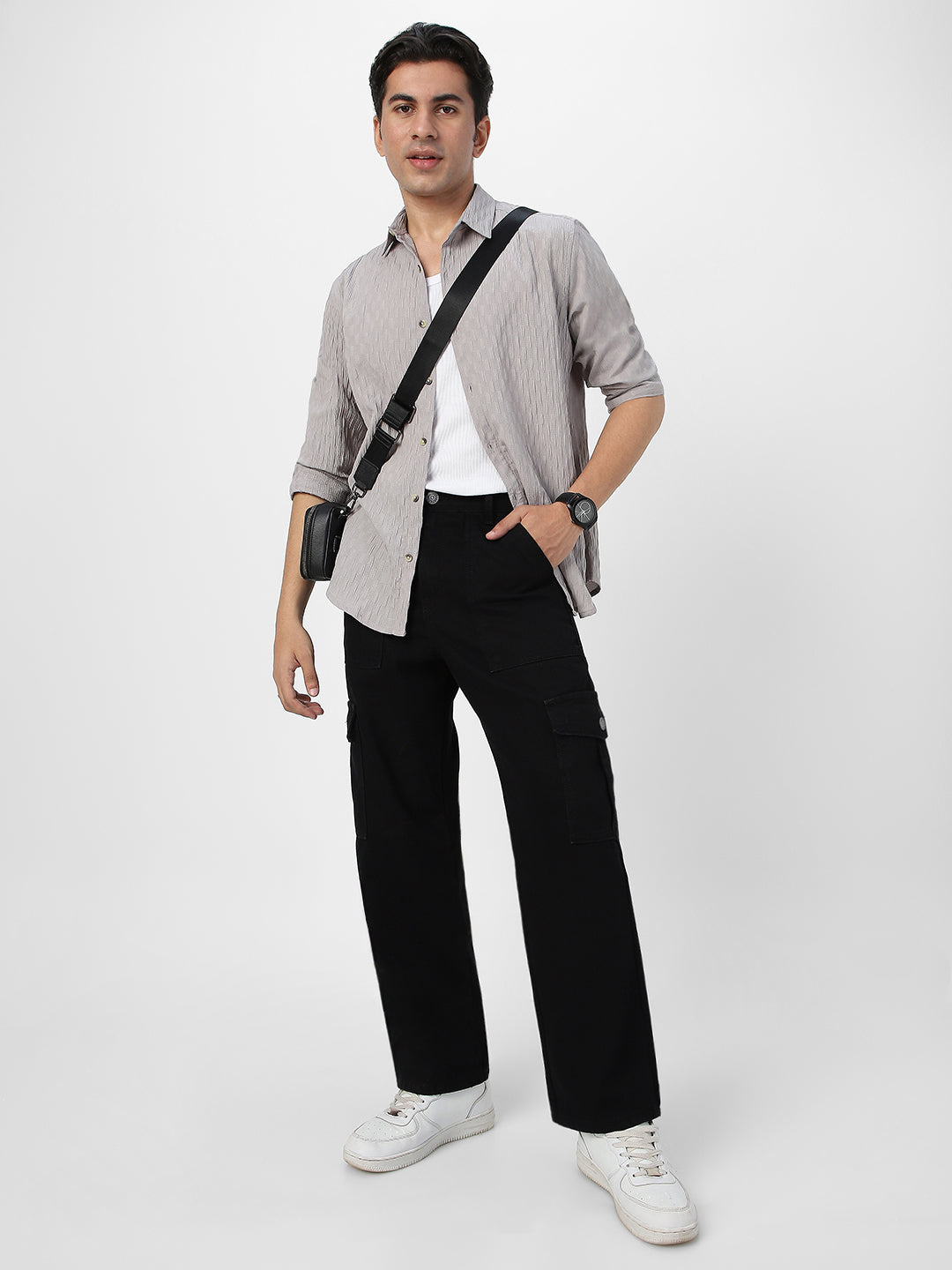 Men's Ice Grey Cotton Full Sleeve Regular Fit Textured Shirt with Spread Collar