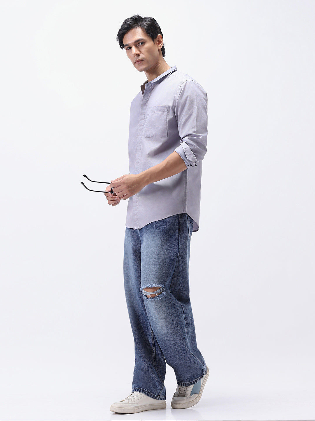 Men's Lavender Cotton Full Sleeve Regular Fit Casual Solid Shirt with Band Collar