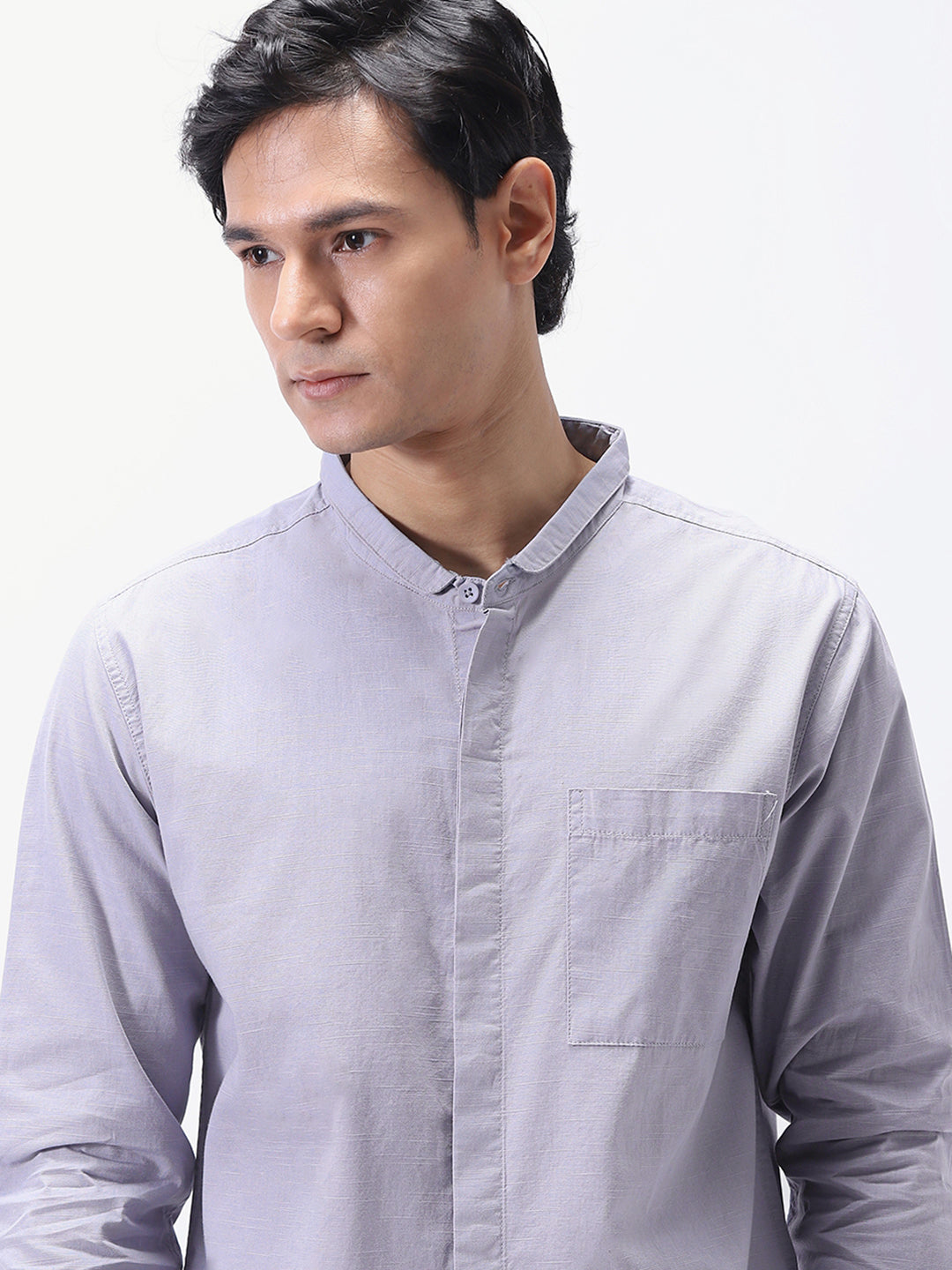 Men's Lavender Cotton Full Sleeve Regular Fit Casual Solid Shirt with Band Collar