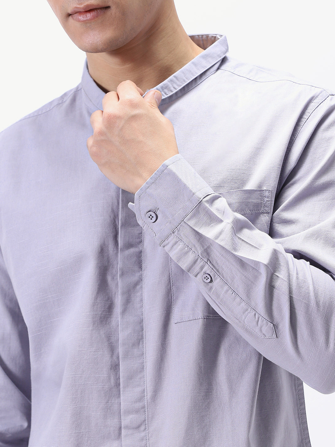 Men's Lavender Cotton Full Sleeve Regular Fit Casual Solid Shirt with Band Collar