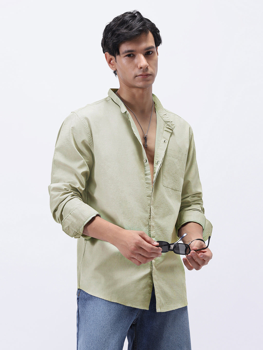 Men's Light Olive Cotton Full Sleeve Regular Fit Casual Solid Shirt with Band Collar