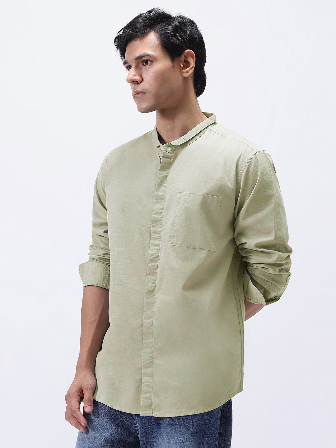 Men's Light Olive Cotton Full Sleeve Regular Fit Casual Solid Shirt with Band Collar