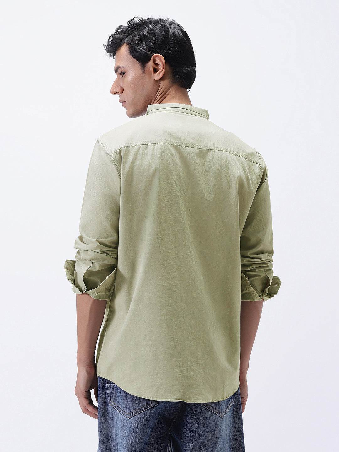 Men's Light Olive Cotton Full Sleeve Regular Fit Casual Solid Shirt with Band Collar