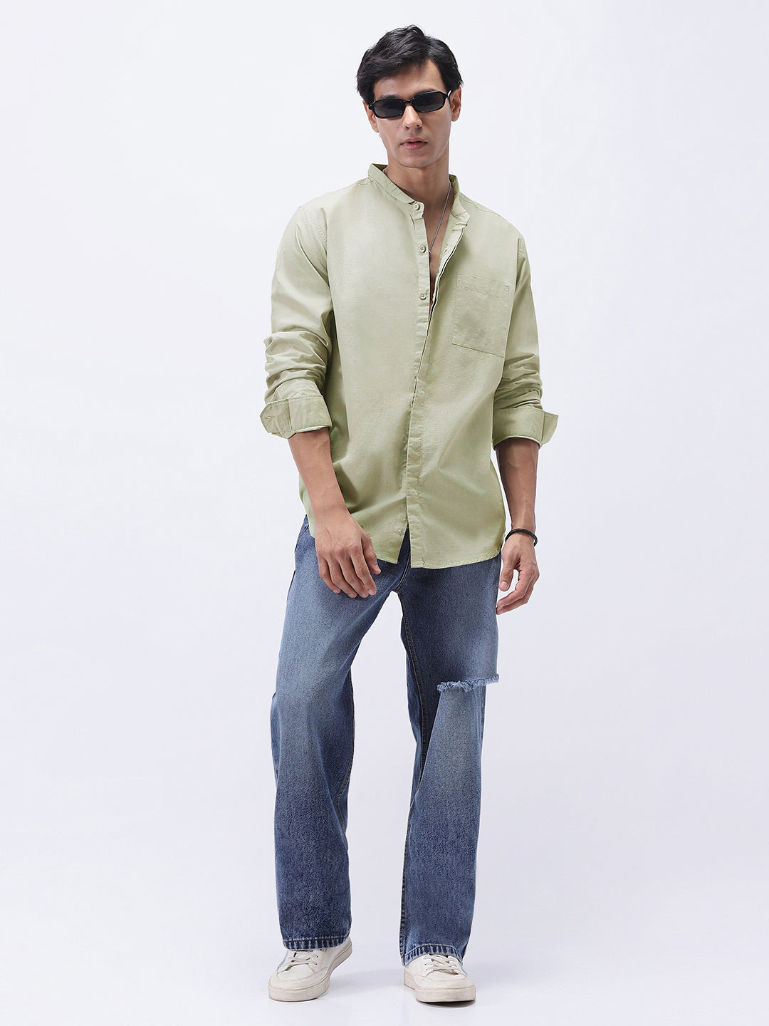 Men's Light Olive Cotton Full Sleeve Regular Fit Casual Solid Shirt with Band Collar