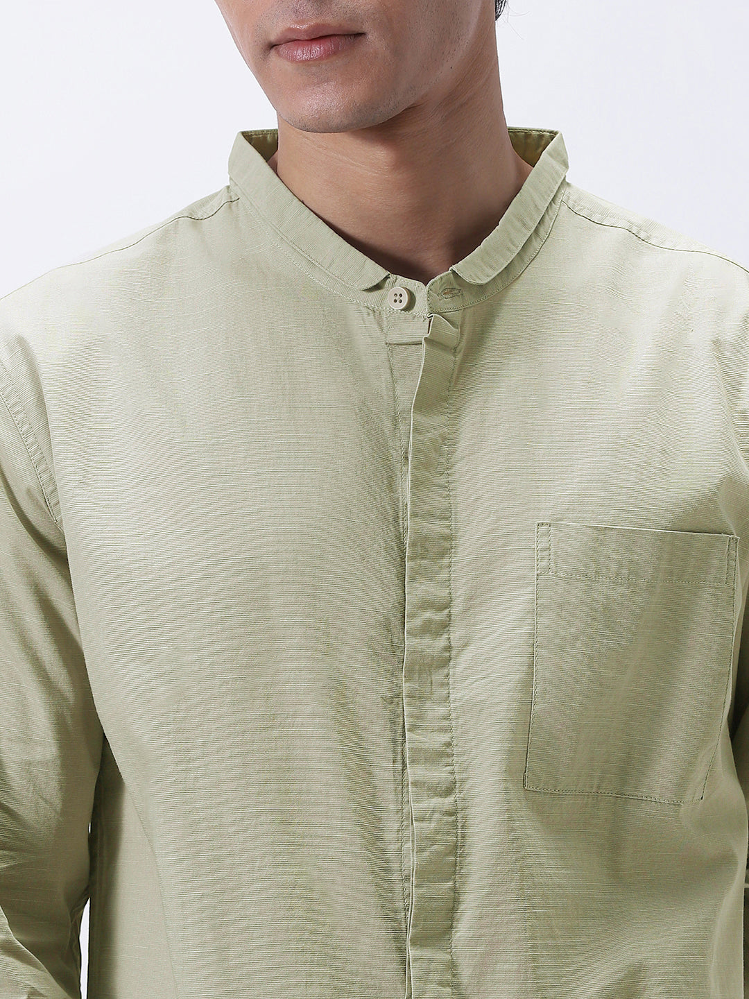 Men's Light Olive Cotton Full Sleeve Regular Fit Casual Solid Shirt with Band Collar