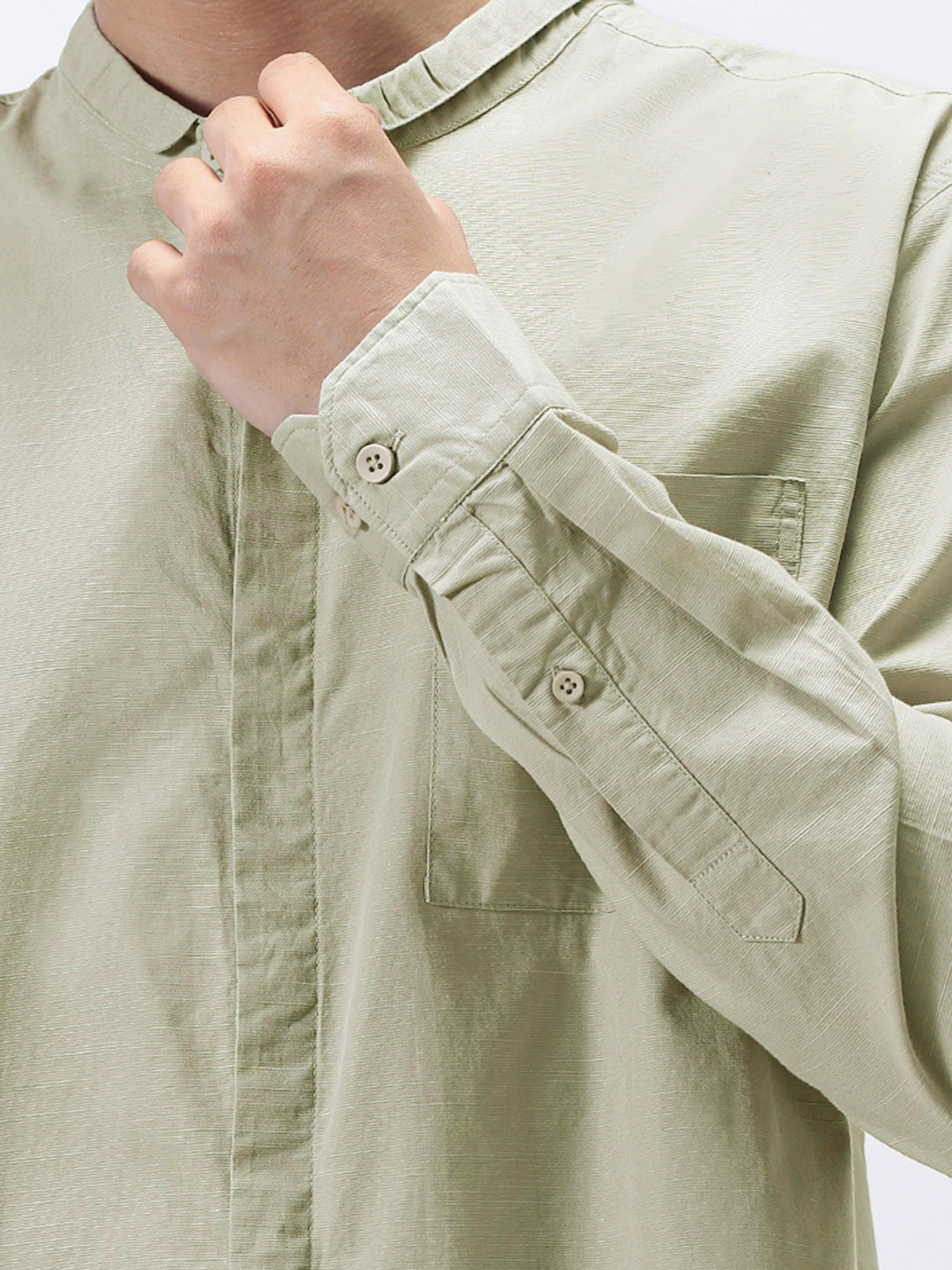 Men's Light Olive Cotton Full Sleeve Regular Fit Casual Solid Shirt with Band Collar
