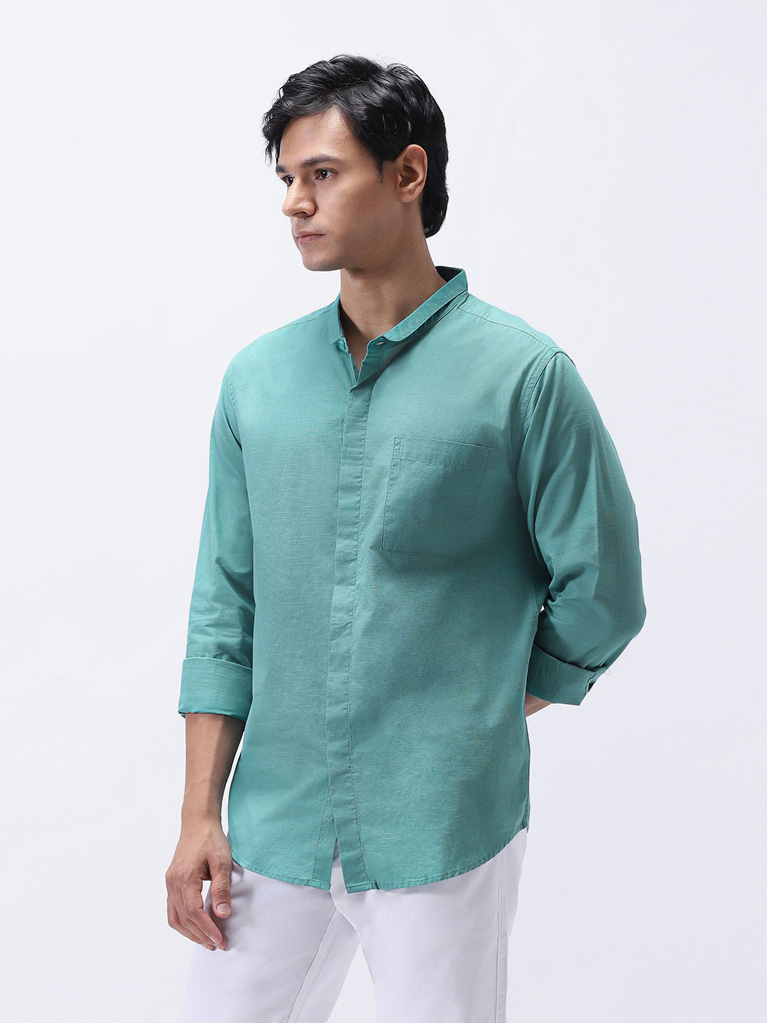 Men's Light Teal Cotton Full Sleeve Regular Fit Casual Solid Shirt with Band Collar